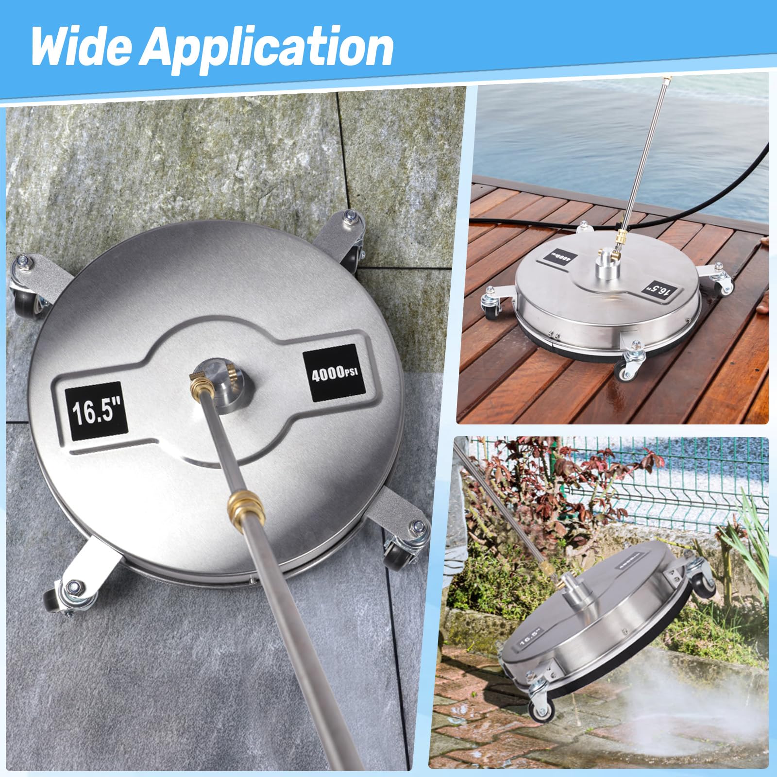Limpiador de superficies a presión de 16.5 pulgadas, accesorio limpiador de patio de 4000 PSI con 4 ruedas, carcasa de acero inoxidable, cepillo giratorio para lavadora eléctrica con 2 varitas de