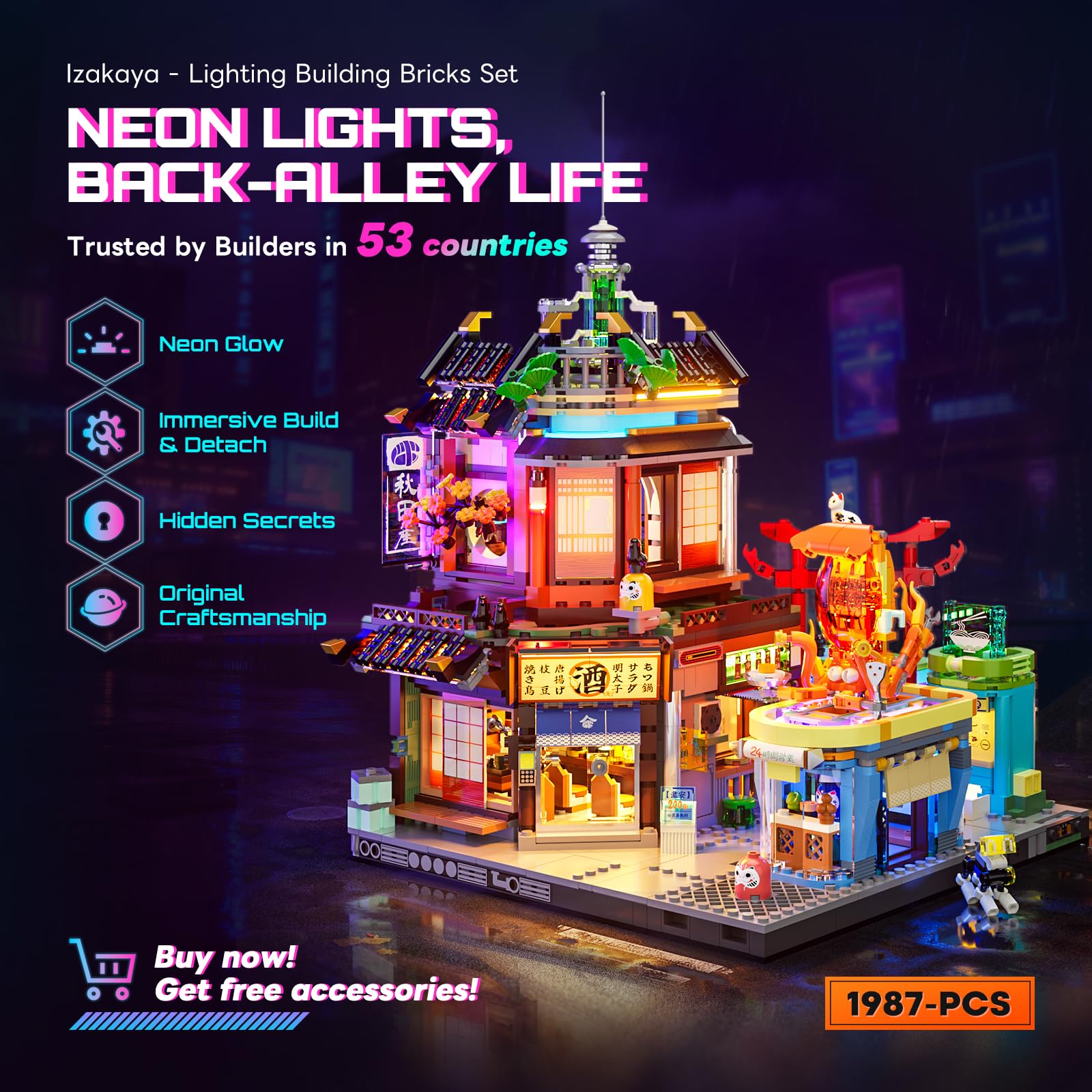FUNWHOLE Cyberpunk Japoński zestaw klocków oświetleniowych Izakaya 1987 elementów, modułowy cyberpunk, neonowe miasto, przyszłość, pub, japońska scena uliczna, zestaw modeli oświetlenia LED, dla