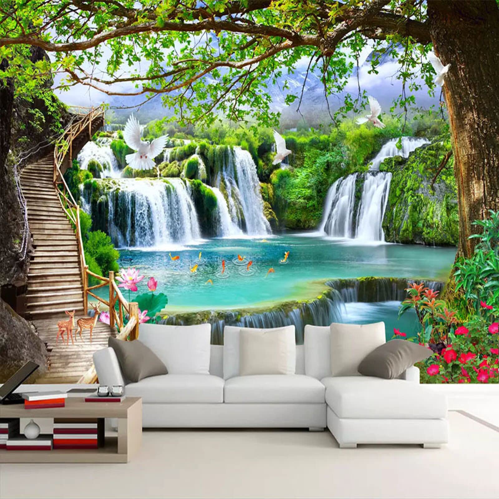 Verde Grande Albero Cascata Natura Paesaggio Pittura Murale Personalizzata Foto 3D Carta Da Parati Per Soggiorno Tv Sfondo Murale 250Cm(W)×175Cm(H)