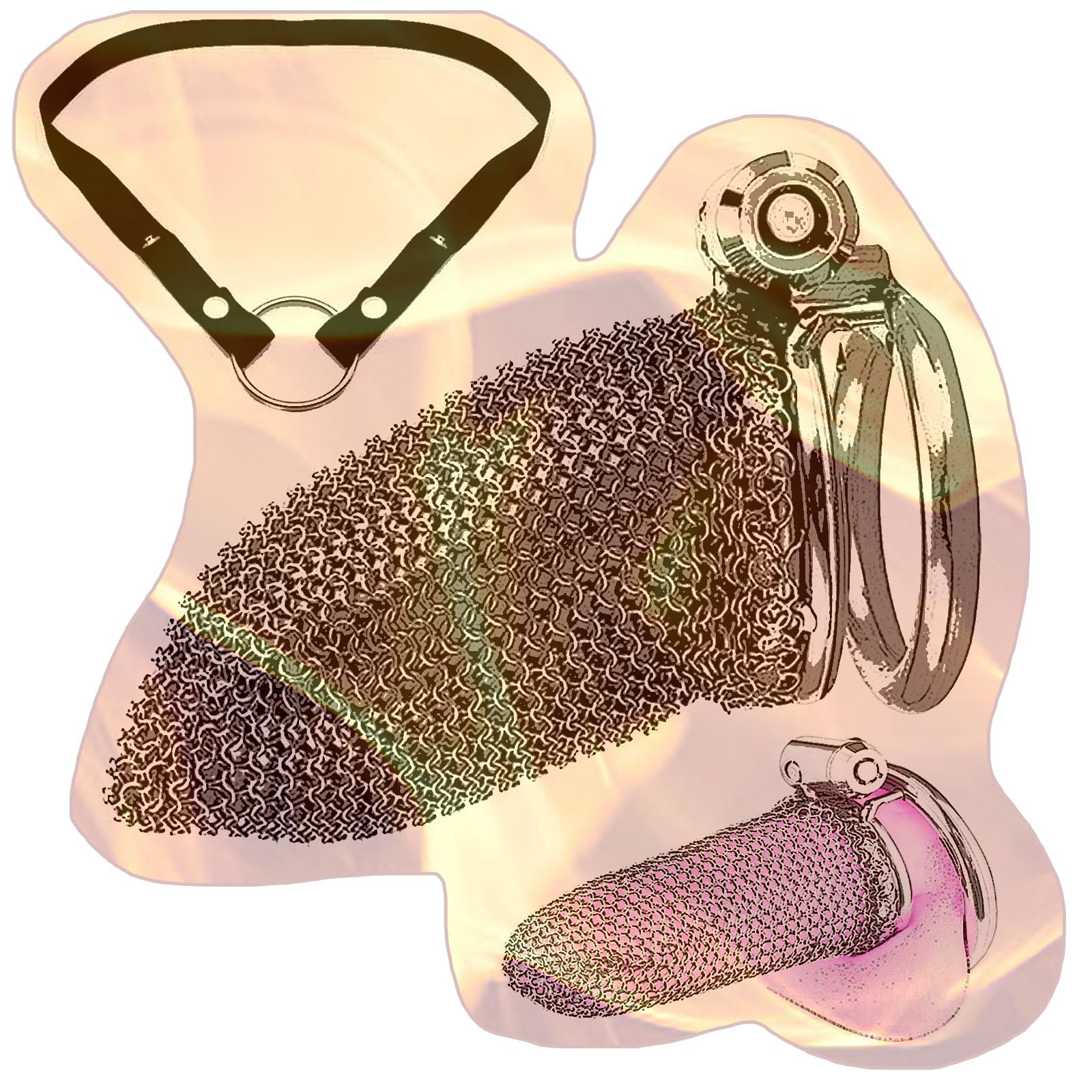 Men's Stainless Steel Training Cage, Mesh Chain Protective Set with Lock and Strap Accessories -YA14US (Long Style+Strap:B, 40mm)