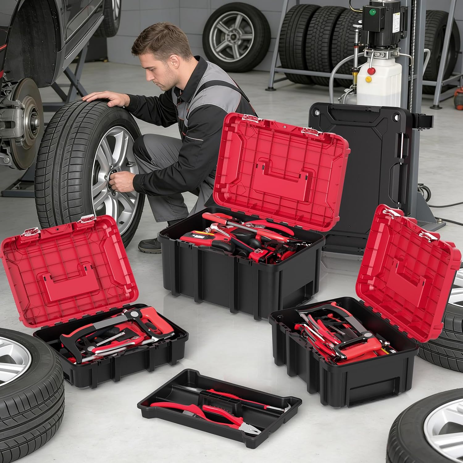 Tool Box,3 Tier Stackable Rolling Tool Box with Wheels,Connected Tool Organizer Box Storage System,Portable Lockable Toolbox on Wheels,17" Large Toolboxes for Home Repairs,Professional Work