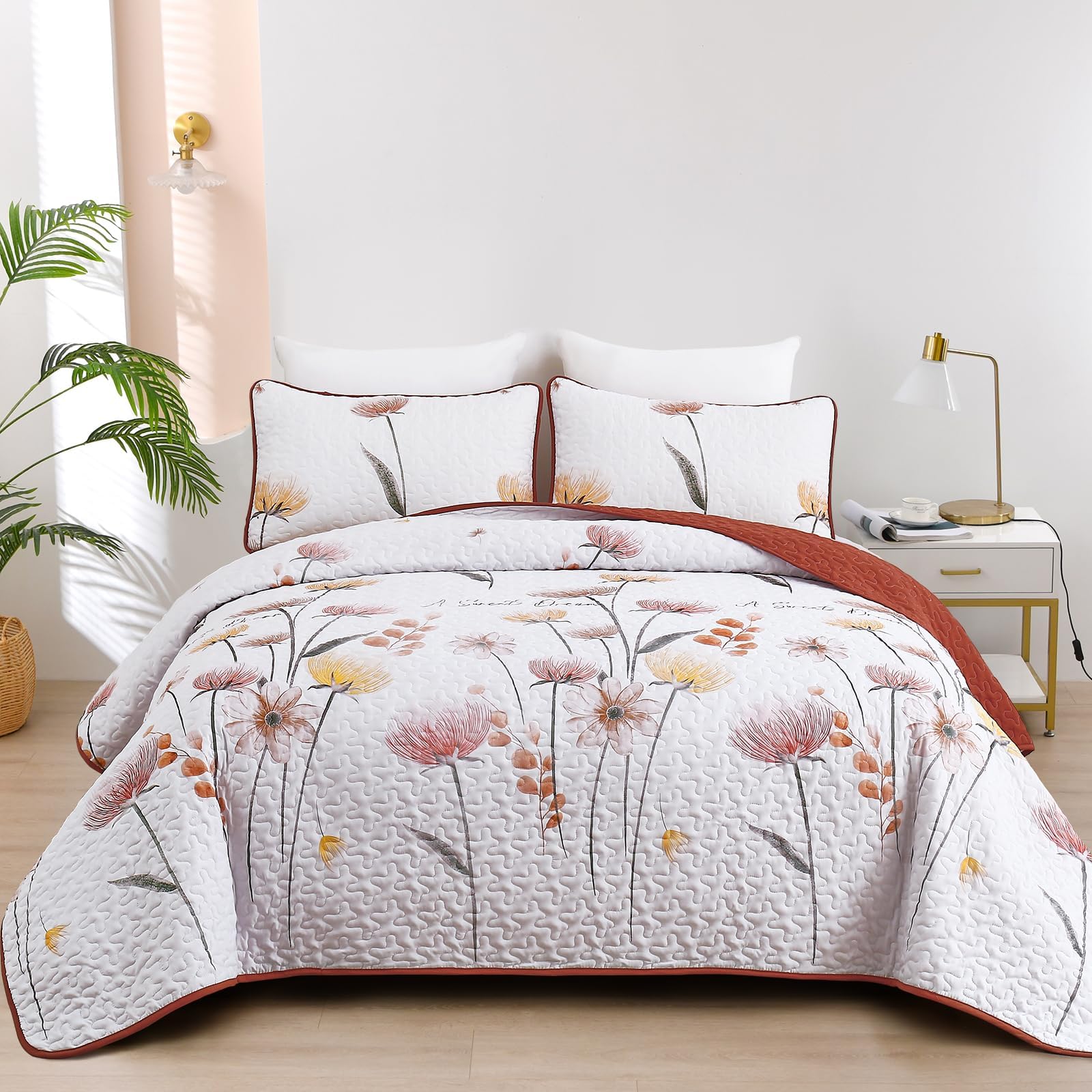 Dinjoy Floral Quilt Set California King, Farmhouse Bedspread Bedding Set