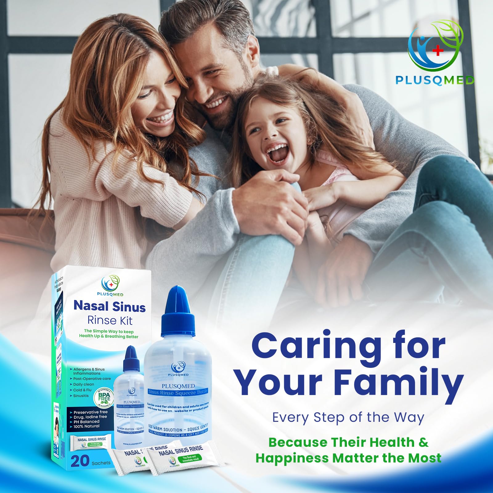 Kit per risciacquo sinusale, bottiglia da spremere, Neti Pot,+20 bustine di sale, Original Plusqmed, lavaggio nasale, risciacquo sinusale, adulti, bambini a partire da 2 anni, doccia nasale per la