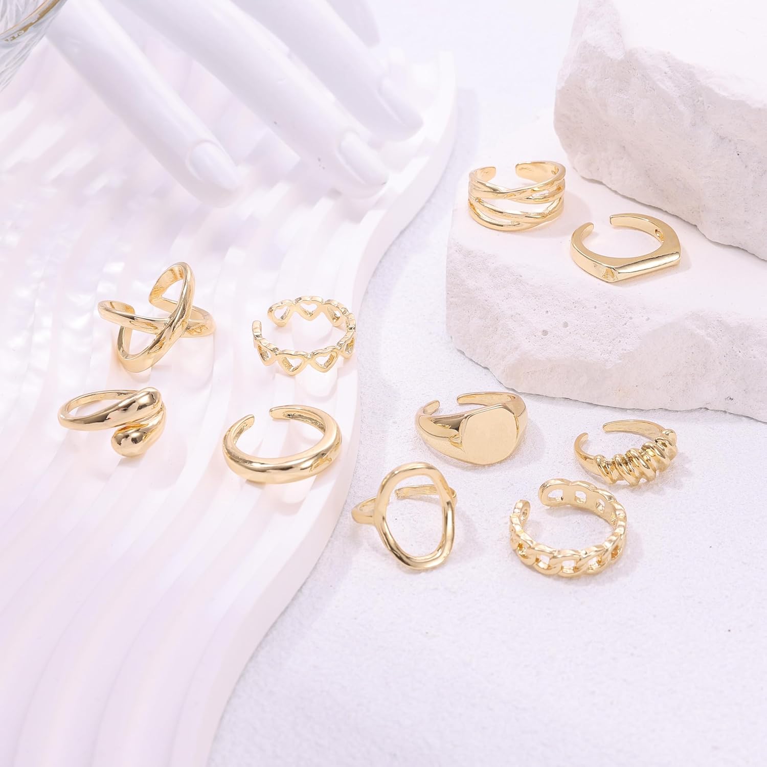 10pcs Chunky Gold Rings For Women Non Tarnish, Stackable Adjustable Rings Set For Teen Womens Dome Braided Twisted Round Signet Open Band Ring Jewelry Accessories Gift Size 6-8 - Image 7