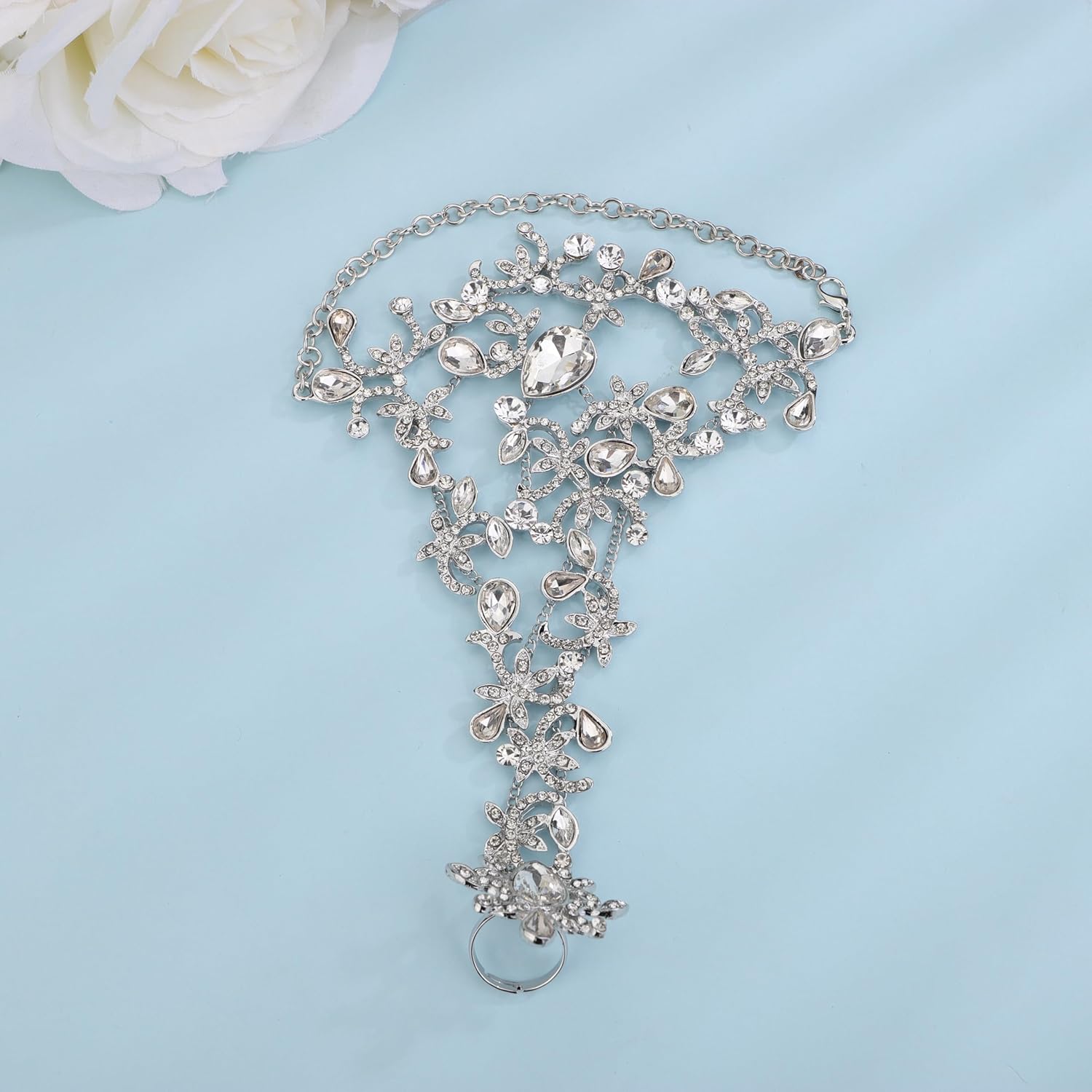 Denifery Rhinestones Finger Ring Bracelet Hand Chain Bracelets with Ring Slave Bracelets Boho Bangle Bracelets Wedding Hand Harness Hand Accessories for Women - Image 6