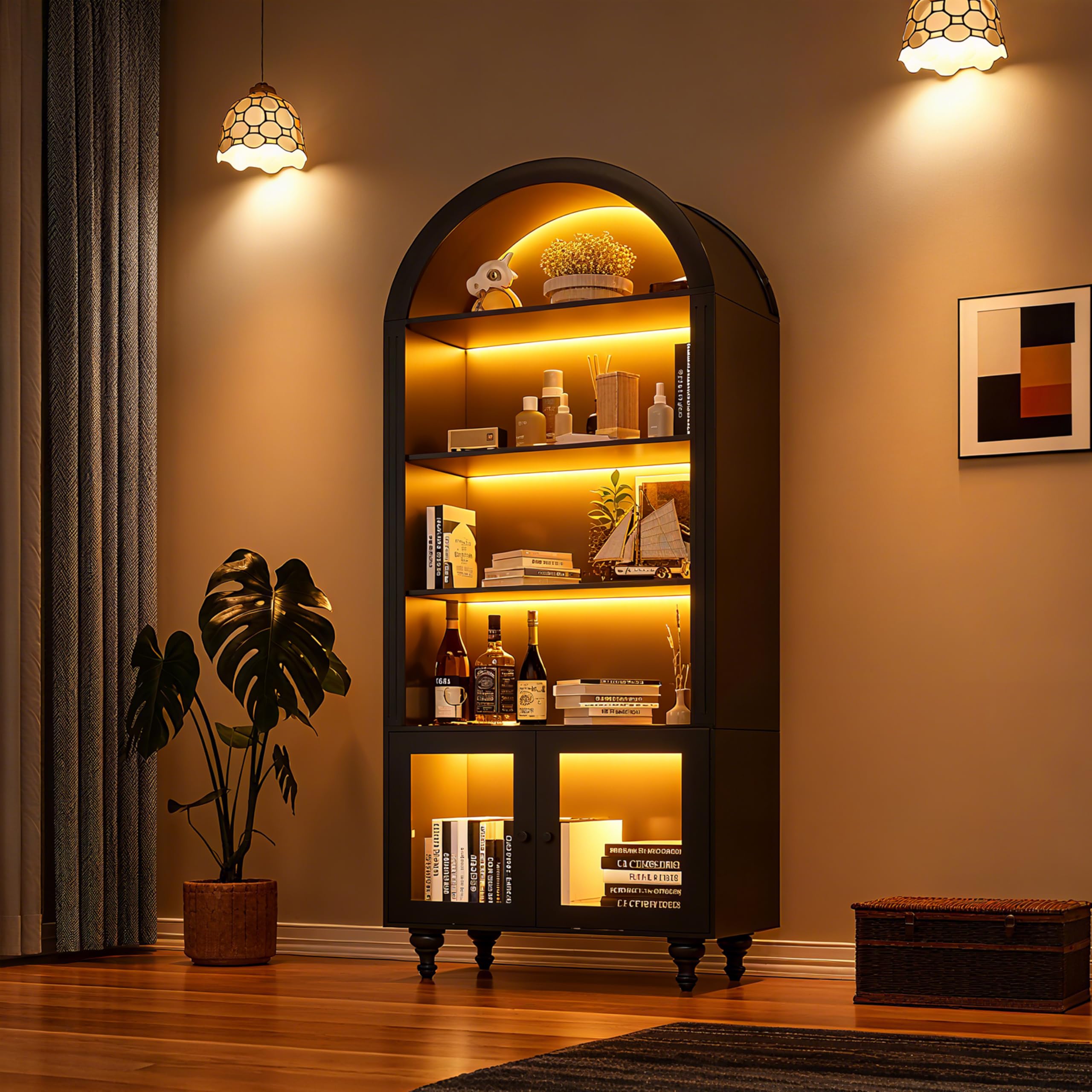 Wildhome Wooden Arched Display Storage Cabinet with Glass Door, LED Lights,Showcase for Collections, Perfume, Vinyl Albums, Bookcase for Home Office,