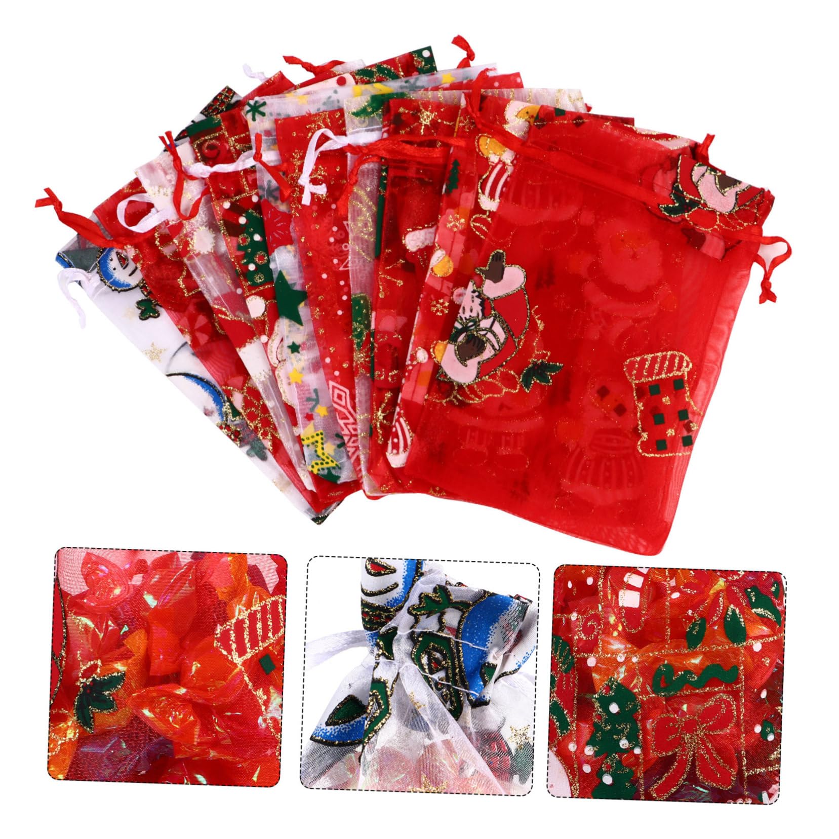 NIYANGLE 50 Pezzi Sacchetti Regalo in Organza Forma Fiocco Stella Renna Babbo Natale per Confezioni Caramelle Feste Natalizie Piccoli Doni