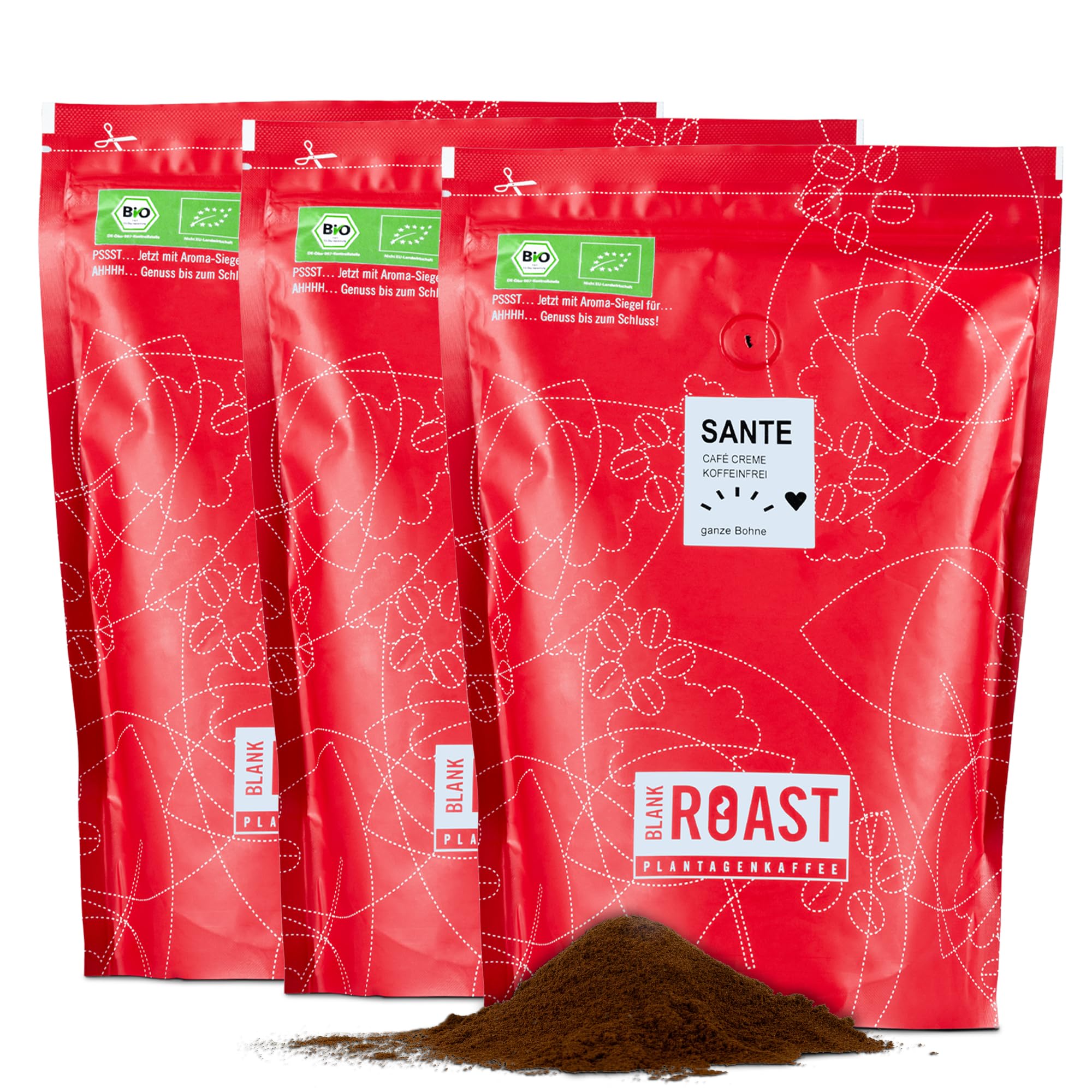 Blank Roast - SANTE - 1kg (3er Pack) - Bio Kaffee gemahlen & koffeinfrei - 100% Arabica aus Peru - schonend & umweltfreundlich entkoffeiniert - säurearm mit voller Crema - für jede Zubereitungsart