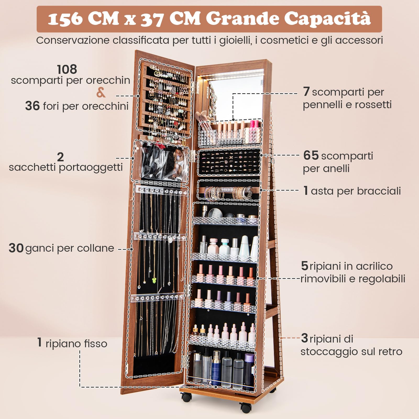 Specchio Portagioie COSTWAY Con Luci LED - Armadio Con 108 Scomparti, 156cm - Foto 9