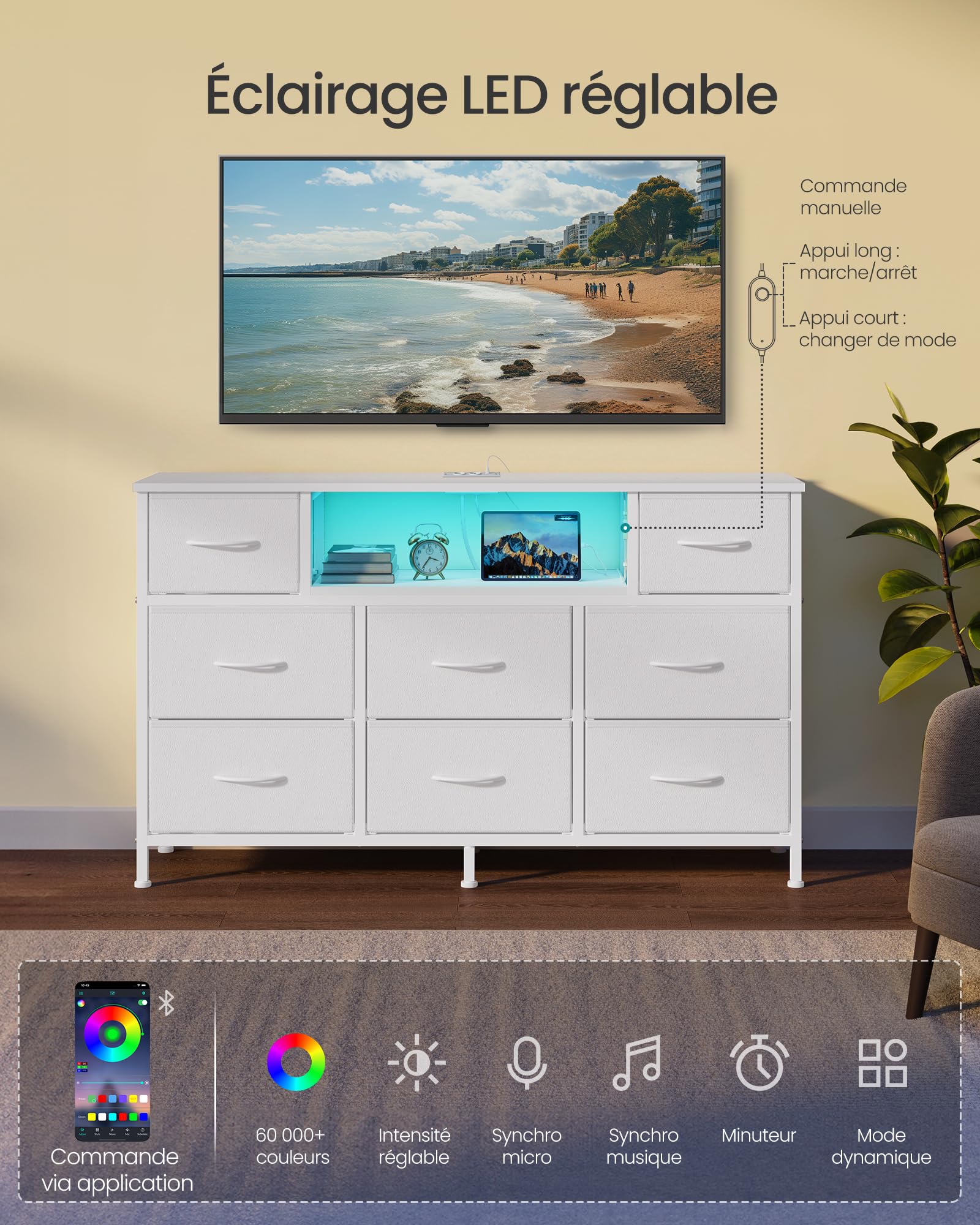SONGMICS Commode, Meuble de Rangement avec LED et Prises, 8 Tiroirs en Tissu, Étagère Ouverte, 113,8 x 30 x 68,1 cm, pour Chambre, Salon, Blanc Nuage, Collection BELLAH LGS433WH02