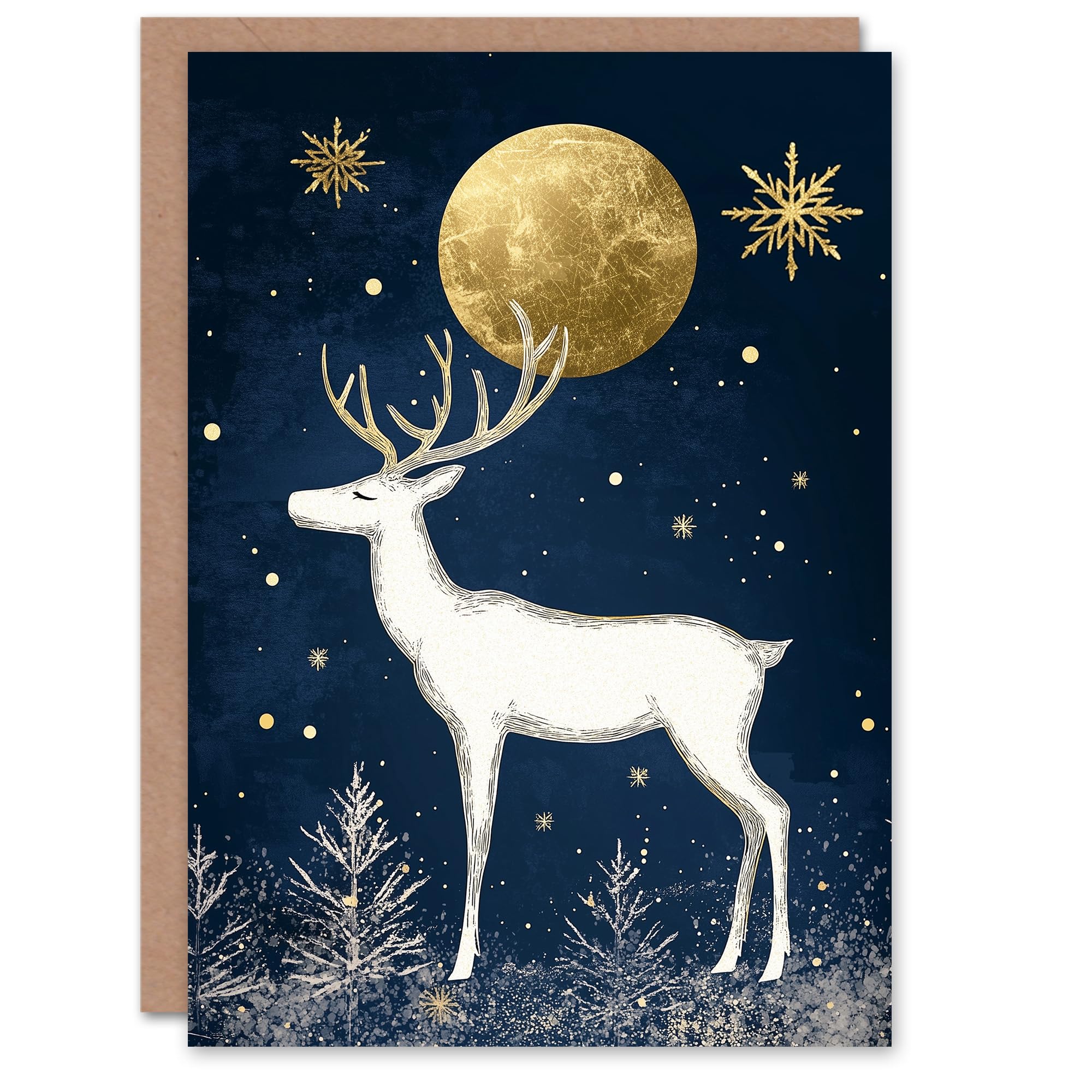 Wee Blue Coo Christmas Card - Reindeer Winter Forest Full Moon Gold Elegant Xmas Card - Dark Navy