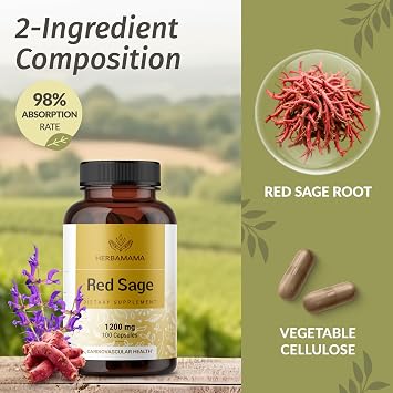 HERBAMAMA Red Sage Supplement Capsules - 1200mg Red Sage Root (Dan Shen) for Antioxidant Support - Vegan, Non-GMO Salvia Miltiorrhiza Supplement