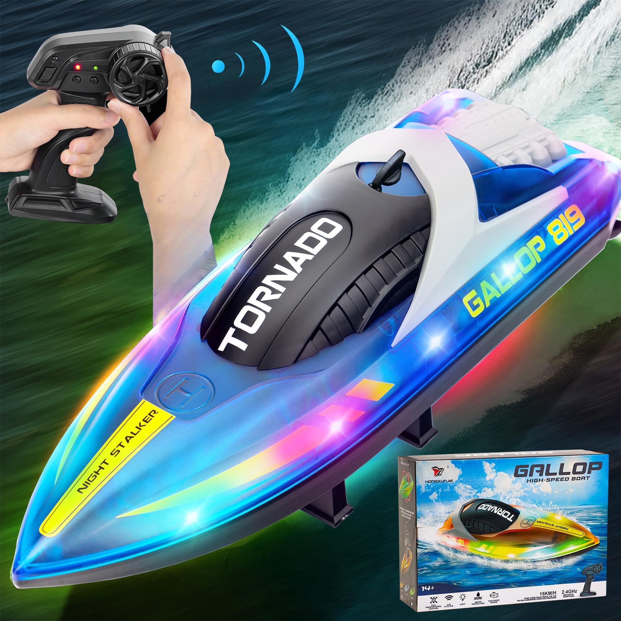 RC Boat for Kids 8-12, 15+ MPH Fast Remote Control Boat with LED Lights, 2.4G RC Electric Boats Pool and Lakes Toys for Adults, Blue