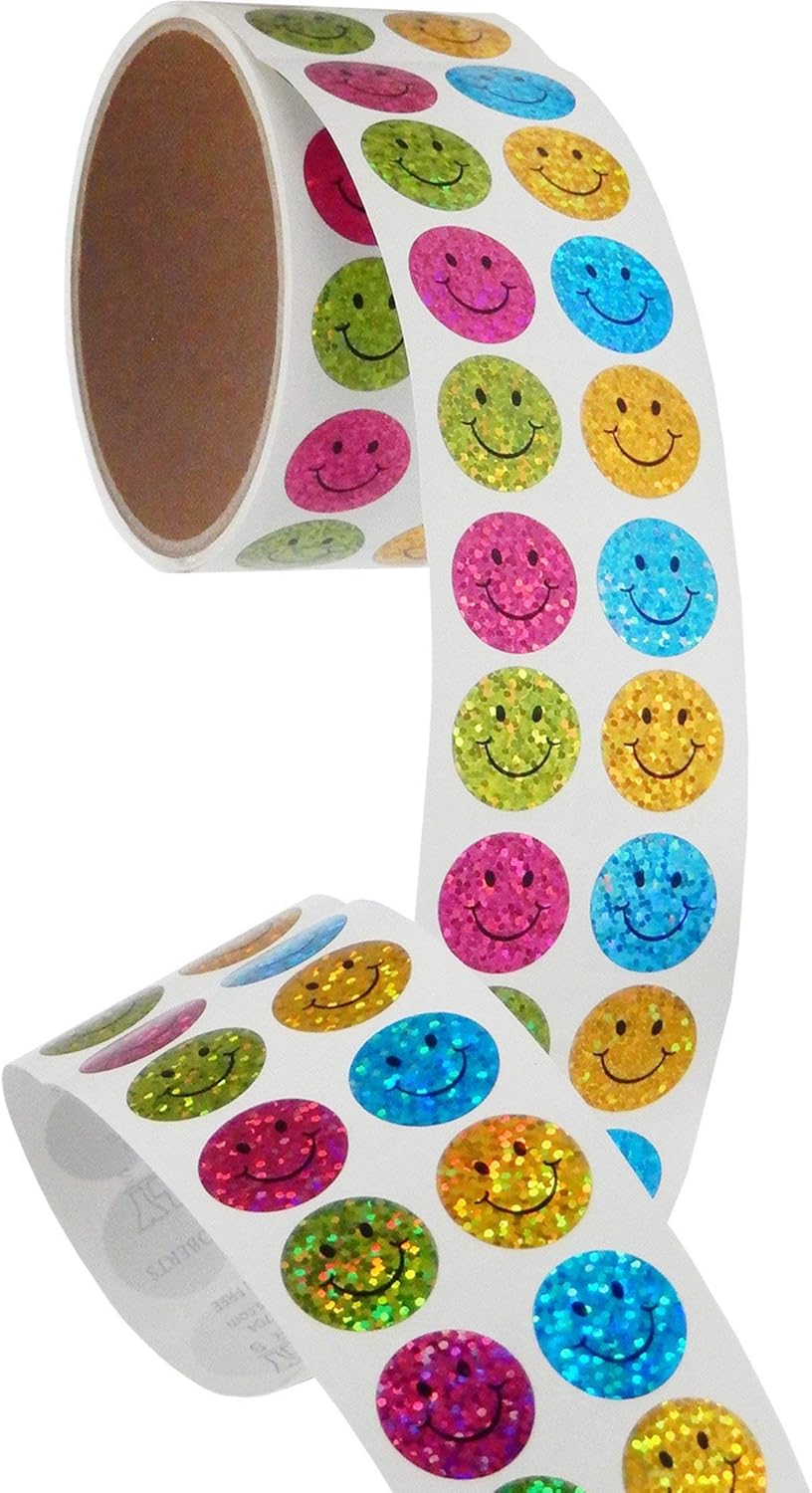 JILLSON & ROBERTS Bulk Roll Prismatic Stickers, Mini Happy Faces - 100 Repeats