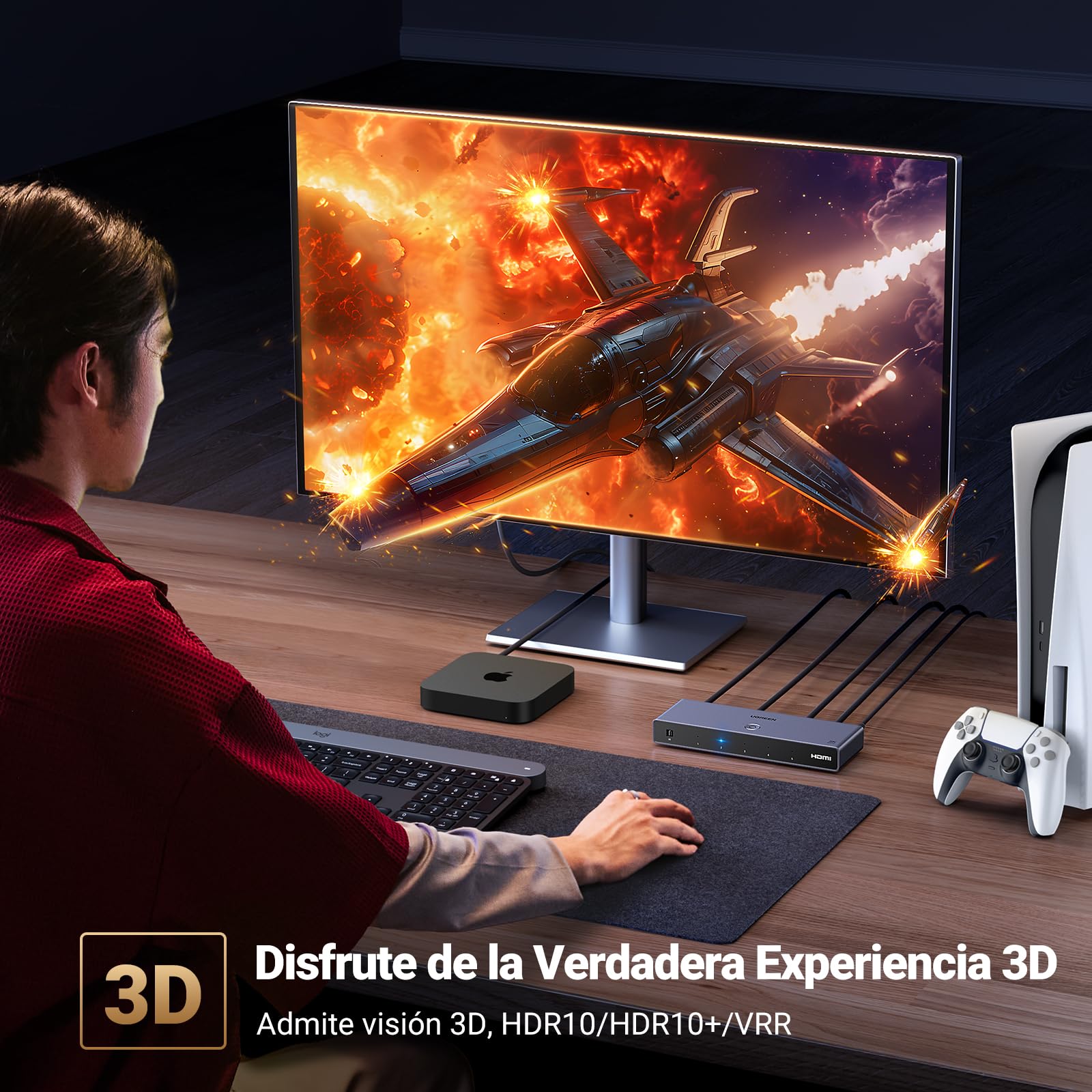 UGREEN 8K 60Hz Switch HDMI 2.1 5 Entradas 1 Salida 4K 240Hz HDCP 2.3 Adaptador de Corriente Conmutador con Mando a Distancia Compatible con PS5/4 Xbox Nintendo Switch DVD Apple TV Fire Stick