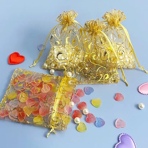 Miniatura 6 de 100 bolsas de organza con cordón, pequeñas bolsas de regalo de joyería para bodas, fiestas, regalos de baby shower, bolsas de dulces (dorado de 4 x