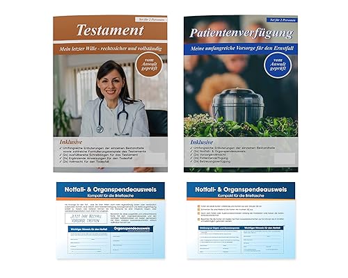 2 x Vorsorgeunterlagen - Patientenverfügung, Vorsorgevollmacht, Betreuungsverfügung, Testament | Mapppe
