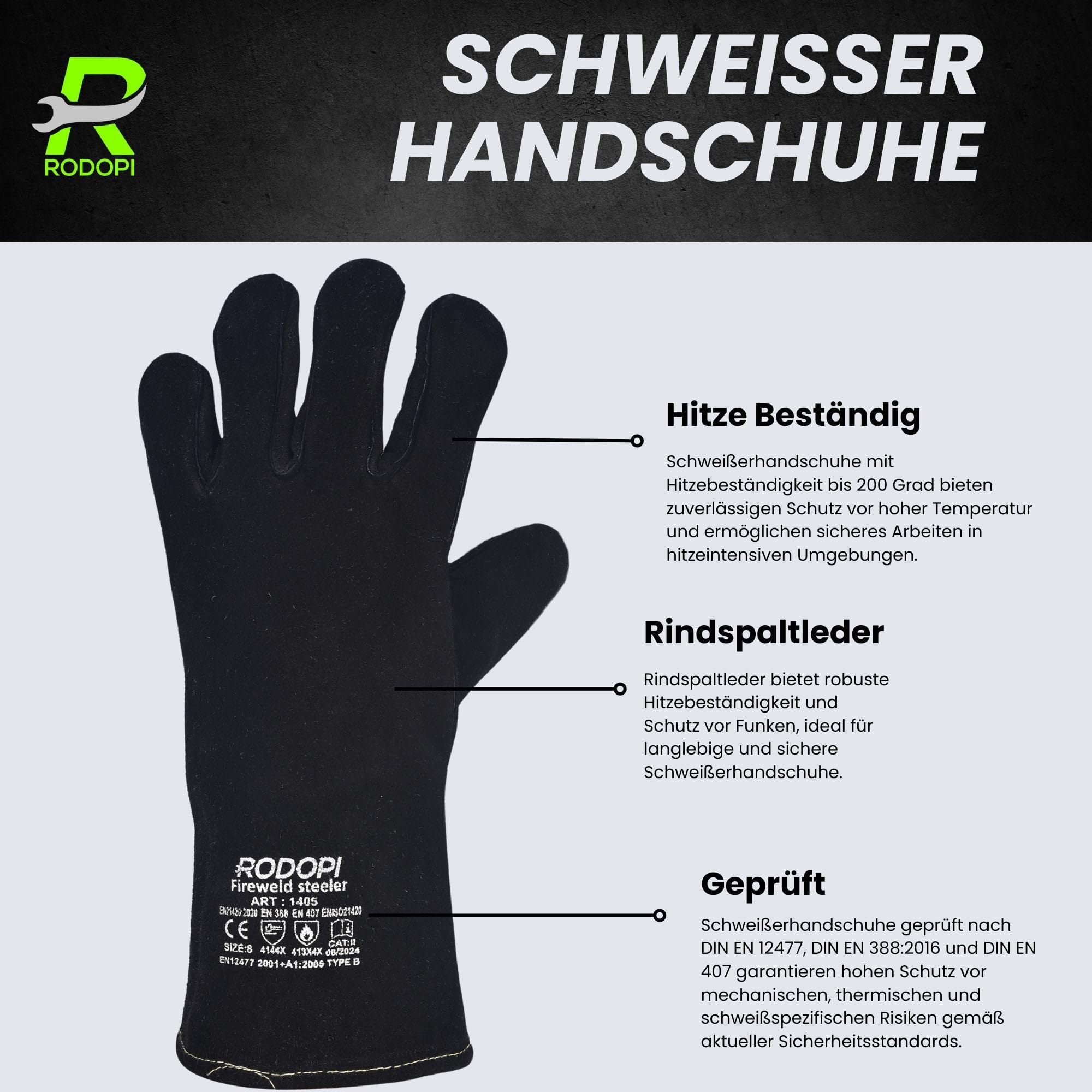 RODOPI Schweißerhandschuhe Schwarz FIREWELD-Steeler 1-10 Paar Gefüttert Rindspaltleder Arbeitshandschuhe für Damen und Herren | Gr. 8-11 | EN 12477 Typ A, EN 388, EN 407 | Hitzebeständig, Abriebfest