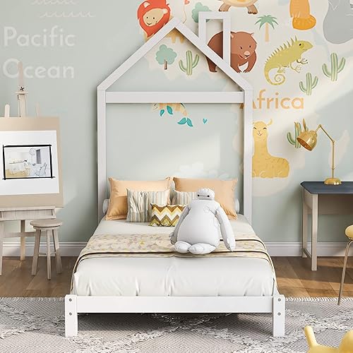 Miniatura 3 de Cama de plataforma de tamaño individual con cabecera en forma de casa, cama individual de madera con soporte de listones, no necesita somier, fácil