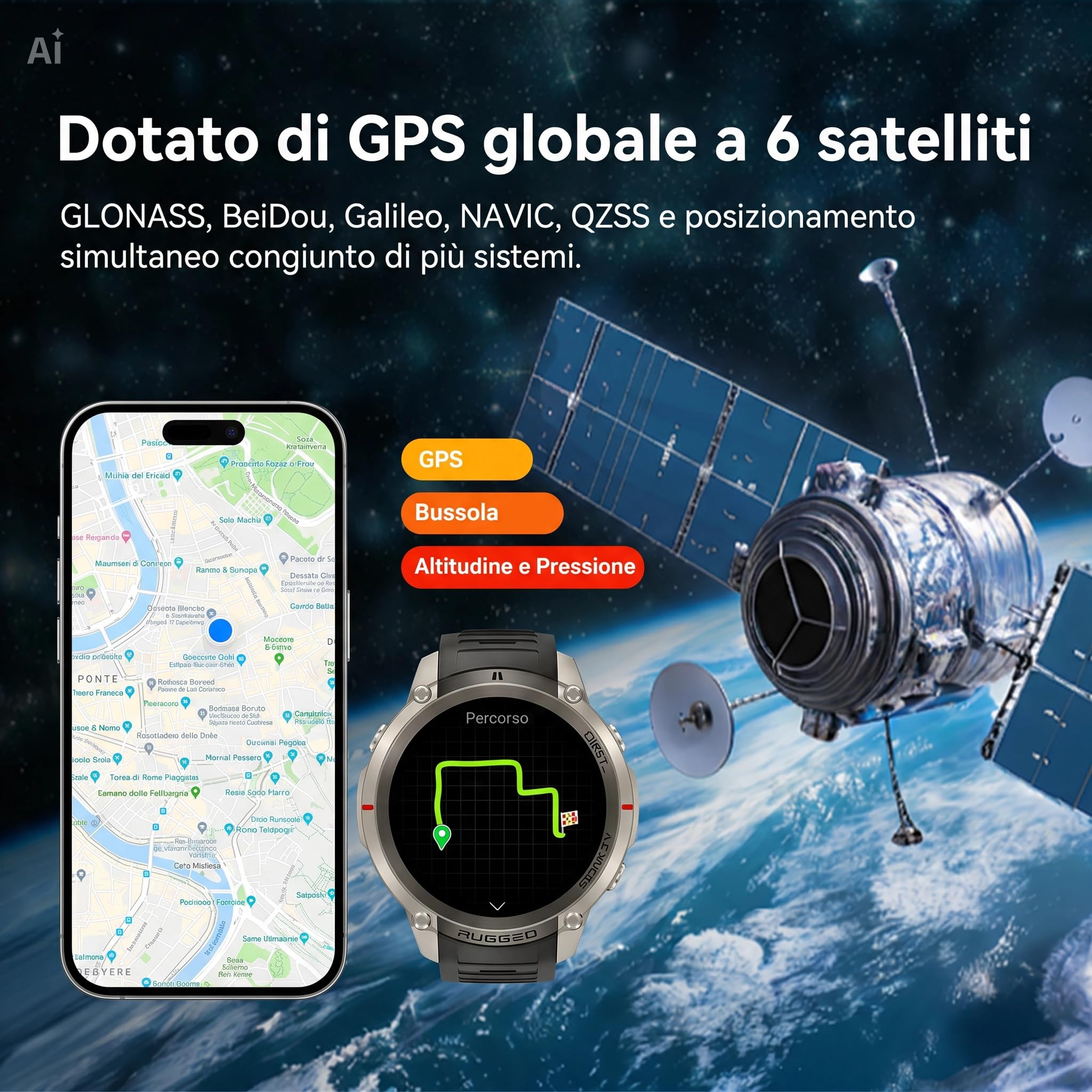 Smartwatch GPS con Mappe Offline, Bussola, Altimetro, Meteo – Orologio con Display AMOLED 1.43", Impermeabile 50M, Monitoraggio Cuore/Ossigeno/Pressione, Cinturino in Gel di Silice