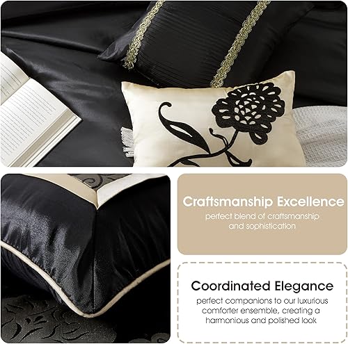 Miniatura 6 de Grand Avenue Juego de edredón floral jacquard, juego de ropa de cama de 7 piezas, tamaño Queen, color negro, almohadas y fundas a juego, falda de