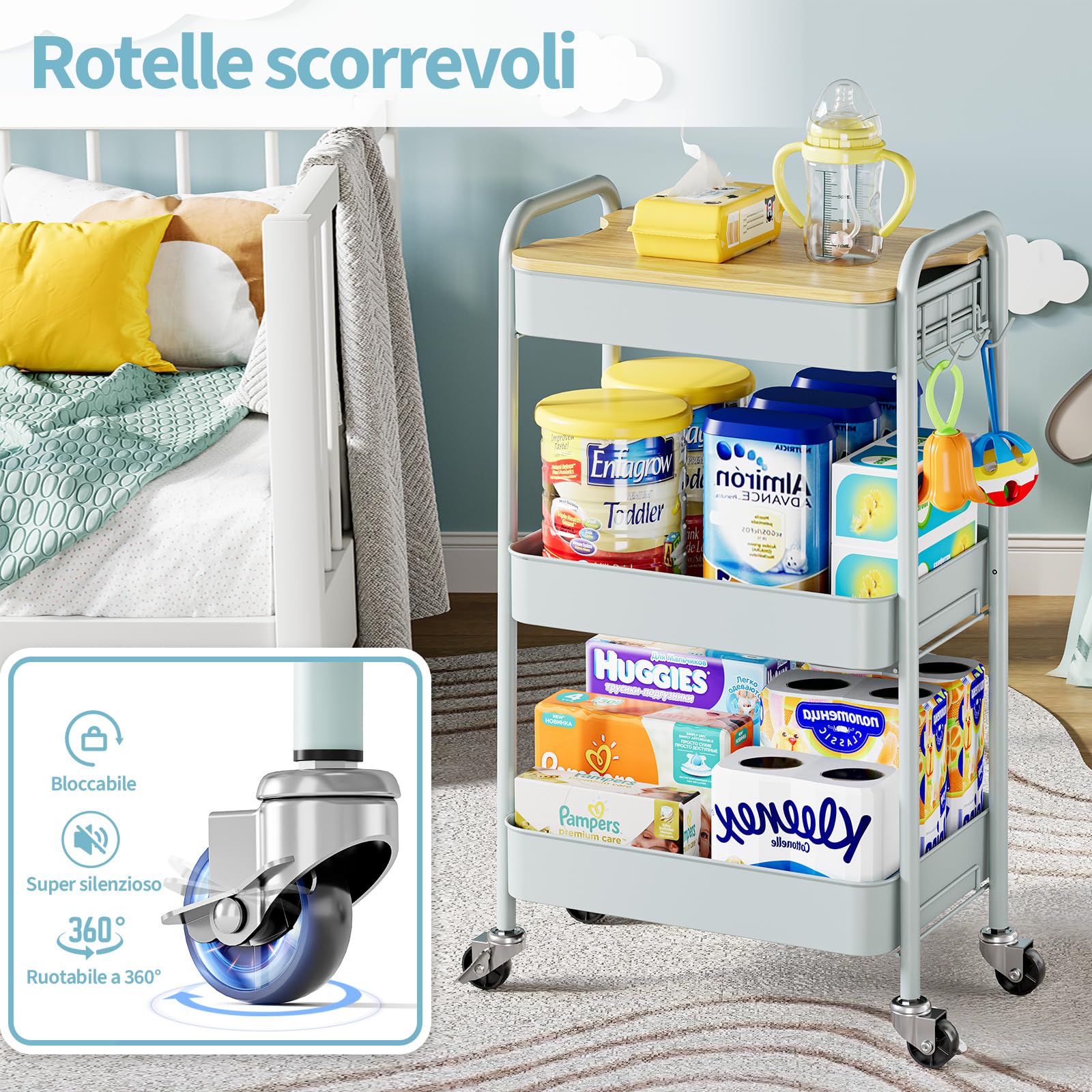KINGRACK Carrello con Ruote Portatutto Cucina 3 Livelli, Carrellino Salvaspazio con Tavole Rimovibili - Verde, per Cucina/Soggiorno/Camera, Struttura in Metallo, Facile Montaggio, 44x30.5x79 cm
