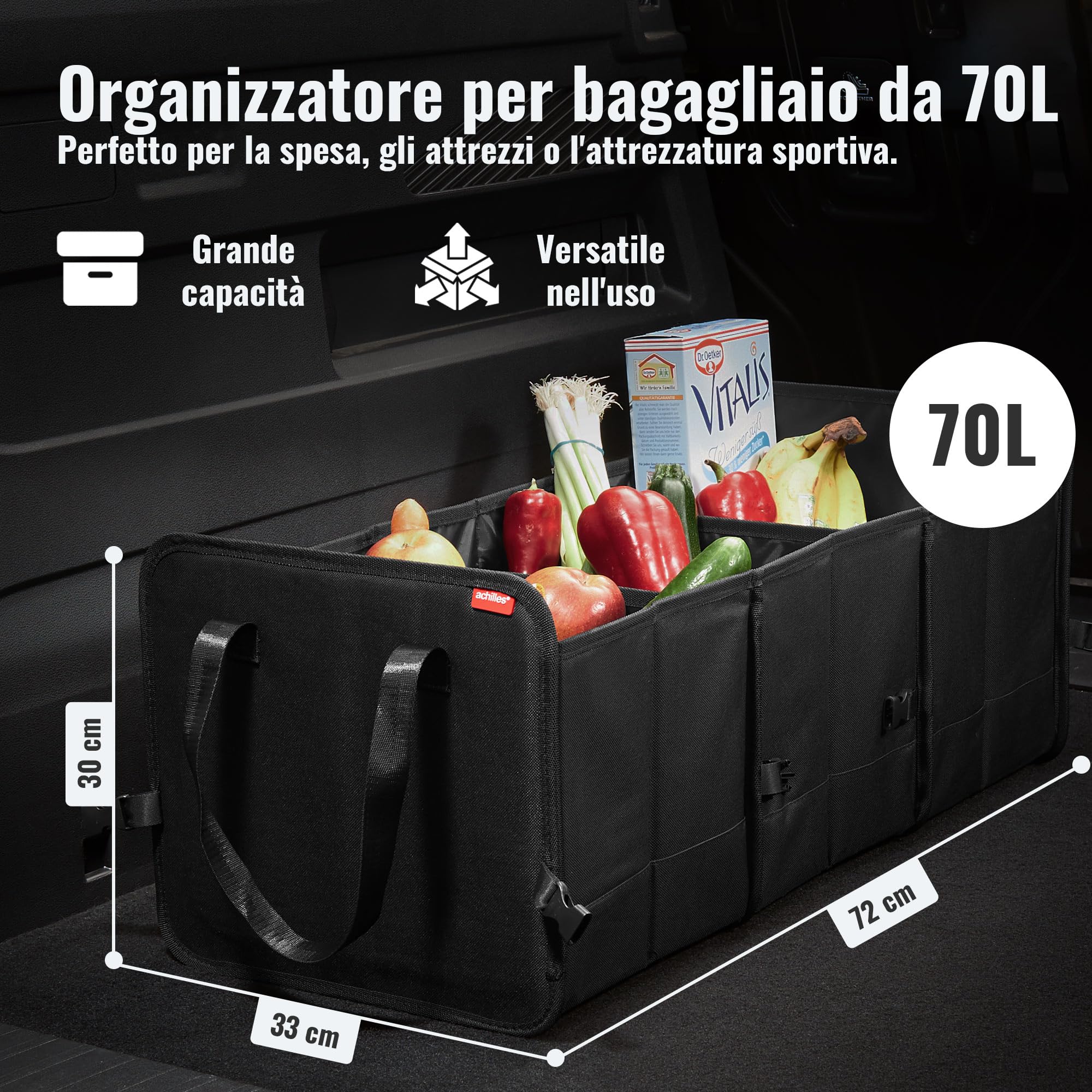 achilles Organizer Bagagliaio Auto Pieghevole - 71L Organizer Bagagliaio - 3 Scomparti Regolabili Organizer Compatto per l'Auto - Nero - 74x33x30 cm