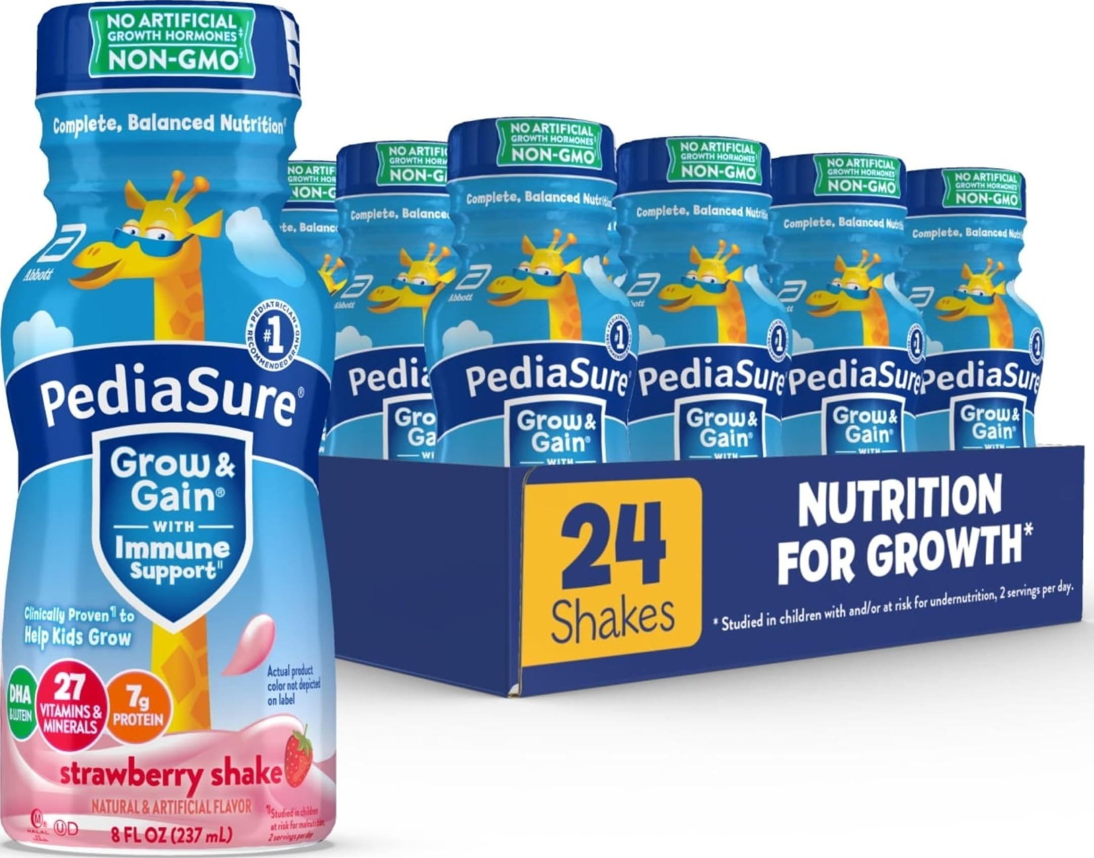 PediaSure Grow & Gain Kids Nutrition Shake, 7g Protein, Strawberry, 24 Pack
