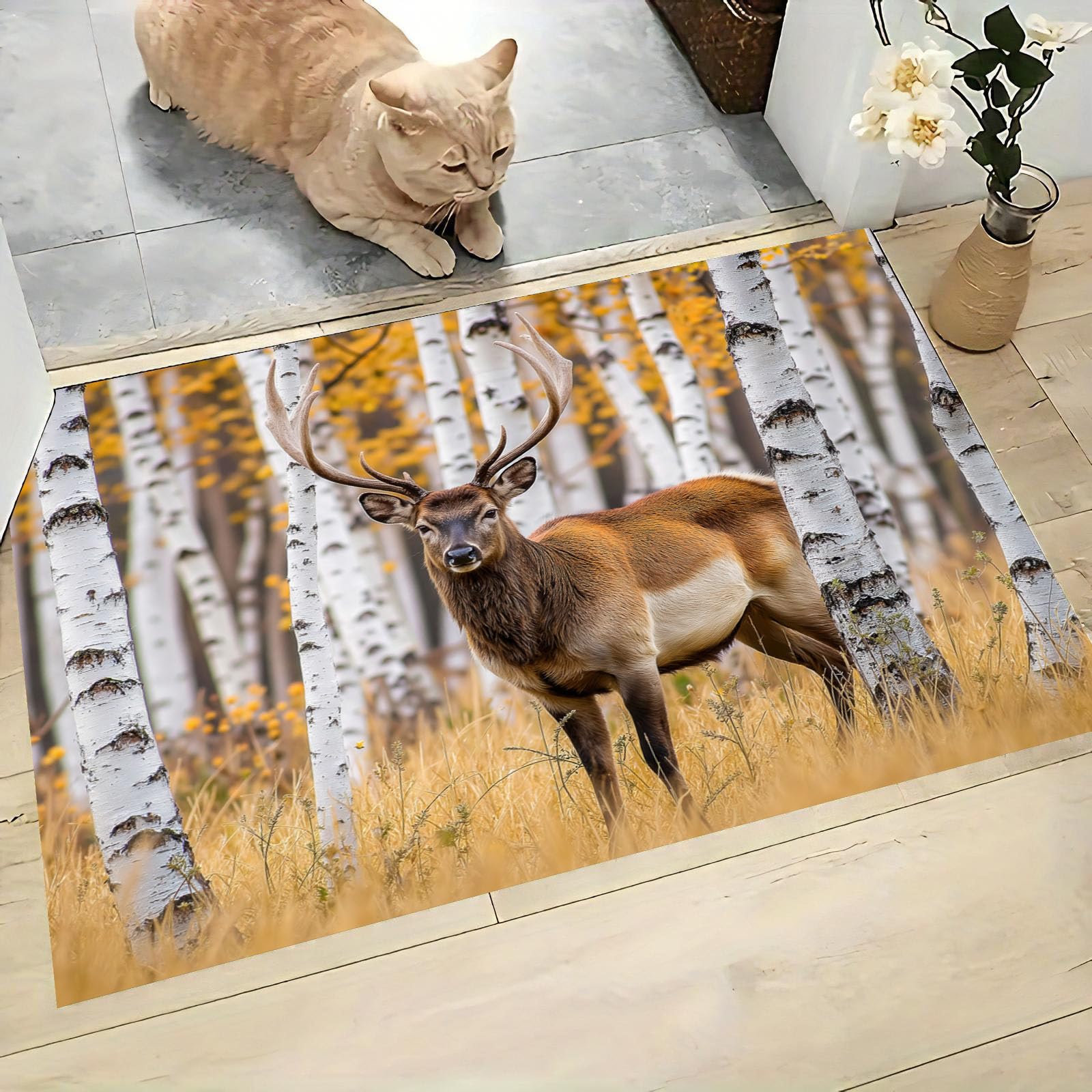 Felpudo Renos Hierba Bosque Abedules Lavable, Alfombra Pequeña Animales Otoño De 90X150Cm, Tapetes De Puerta Suaves Para Entrada, Alfombras De Entrada Antideslizantes Amarillo-Marrón De Pelo Bajo