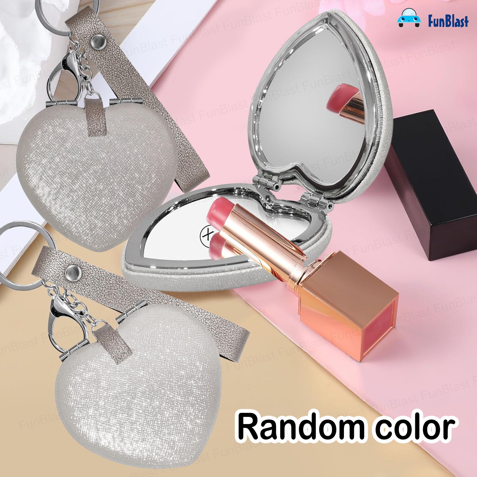 FunBlast Heart Shape Makeup Mirrors for Women, Aesthetic Mini Mirror, Portable Folding Double Sided Compact Mirror with 1X & 2X Magnification, Keychain Mirrors (Grey-Random) 3