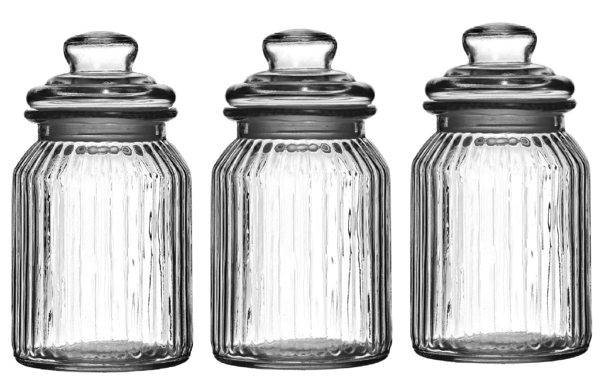 Hyper Mart Vintage Transparent Ribbed Glass Storage Jars Tea,Sugar,Coffee Sweetie, Biscuit, Cookie, Kitchen Jar with Airtight Lid (Ribbed Storage Jar, 1300 ml - Set of 3)