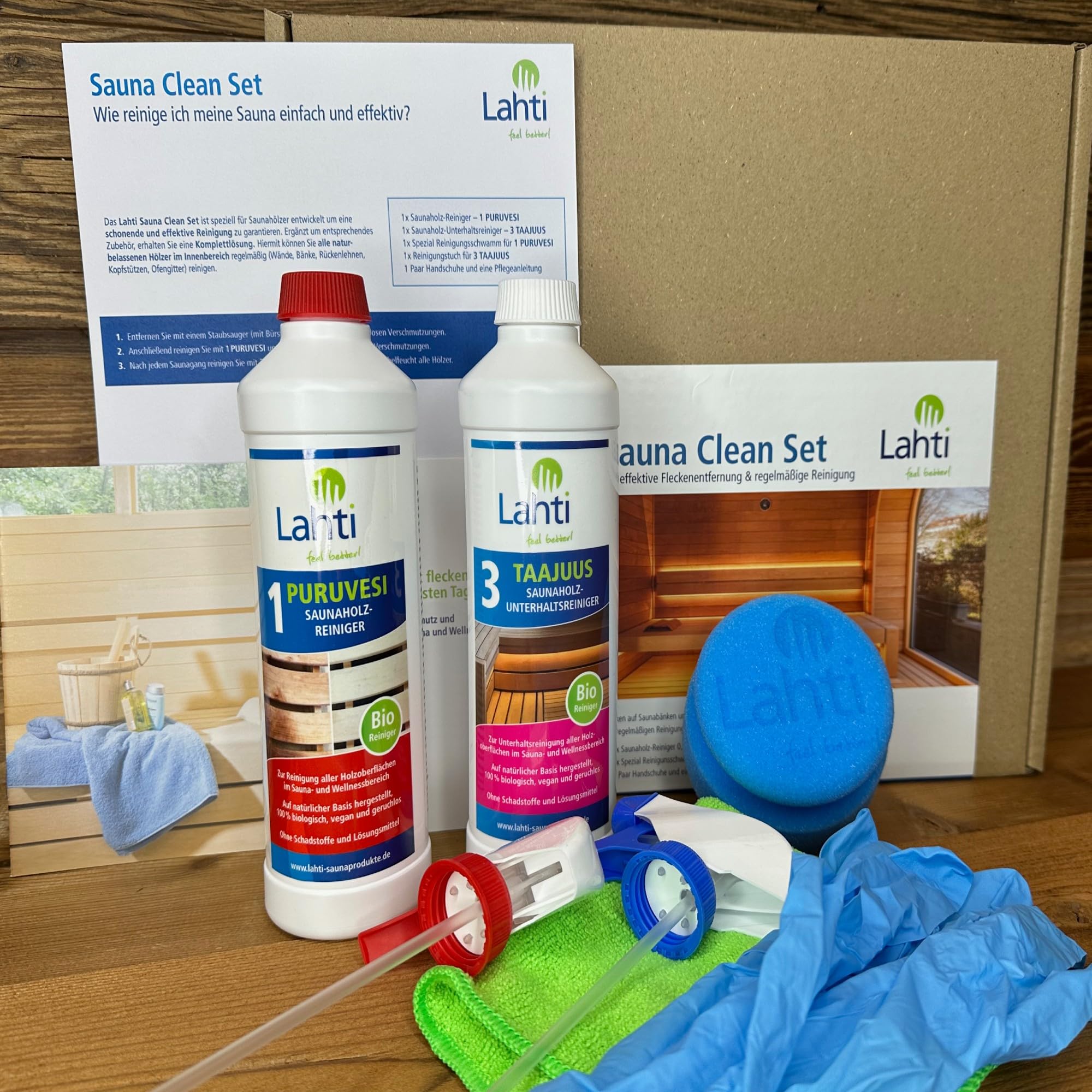 Lahti Sauna Clean Set – Solución completa para limpieza de sauna, madera y azulejos | Biodegradable