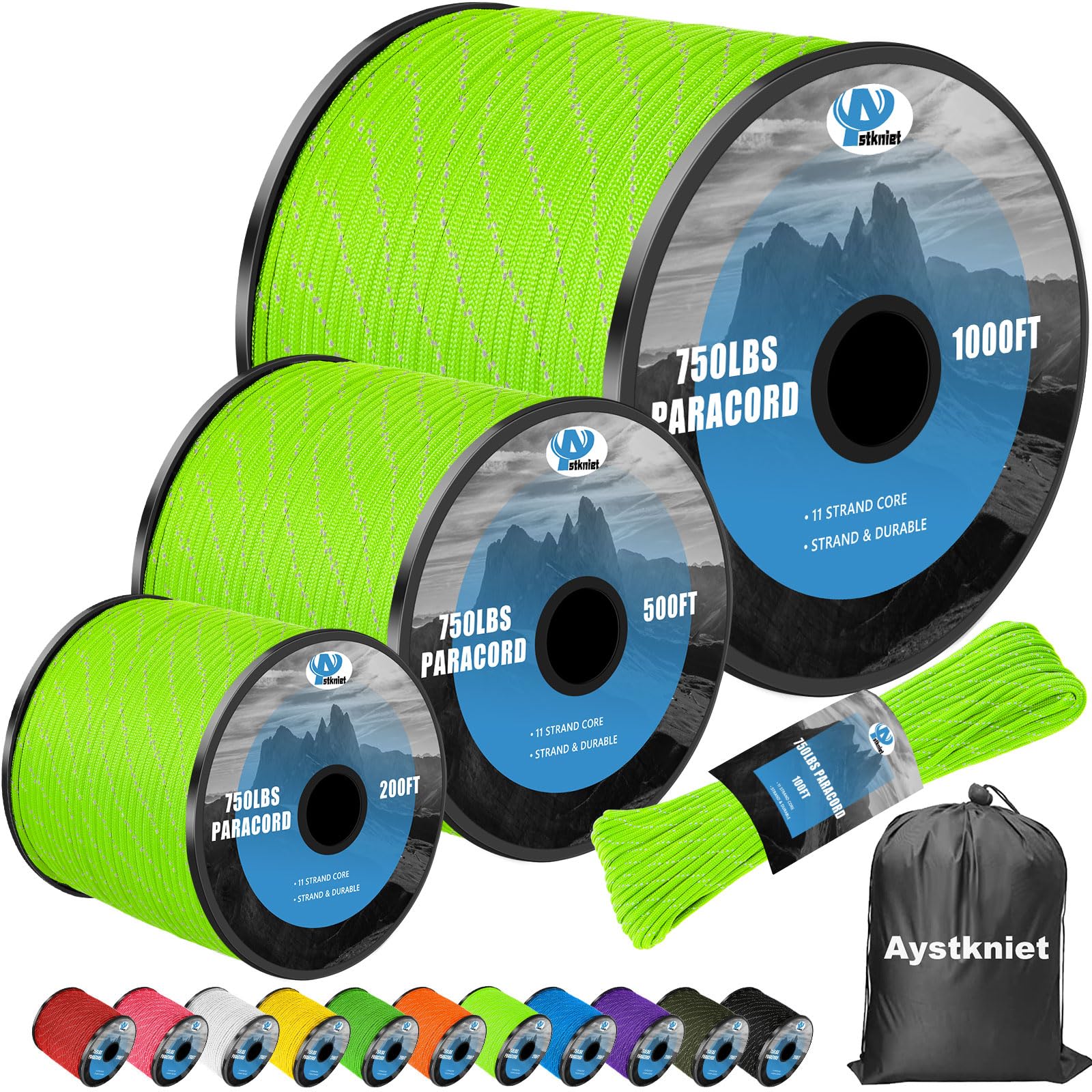 750Ib Reflective Paracord Rope,100' 200' 500' 1000', 4mm 11 Strand Parachute Spool Cord with Collecting Bag, para Cord Lanyard for Hammock, Camping