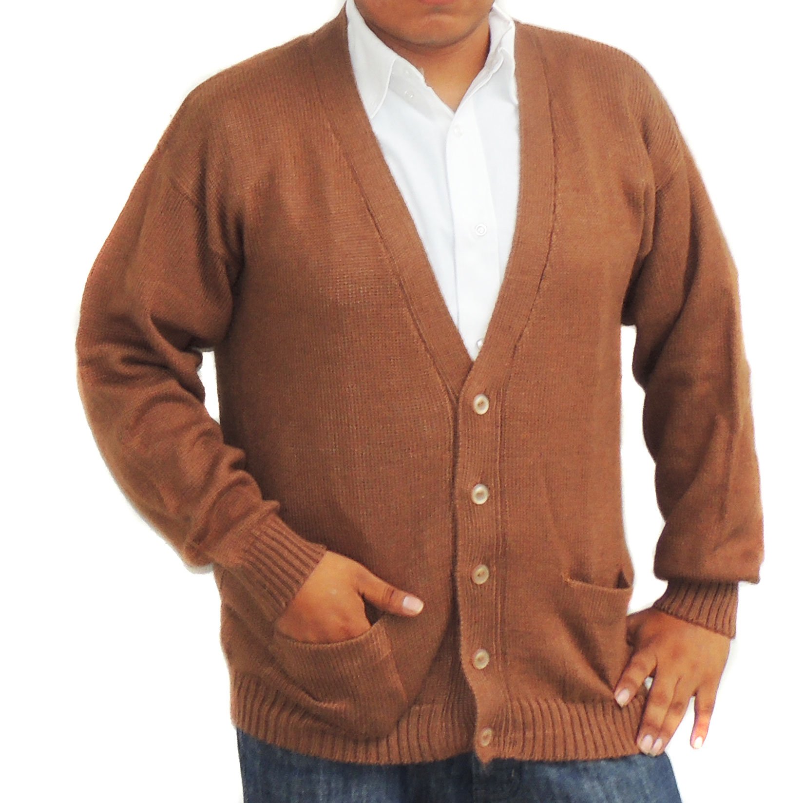 CELITAS DESIGNCardigan Golf Sweater Pockets Buttons Alpaca Blend Made in Peru Dark Camel