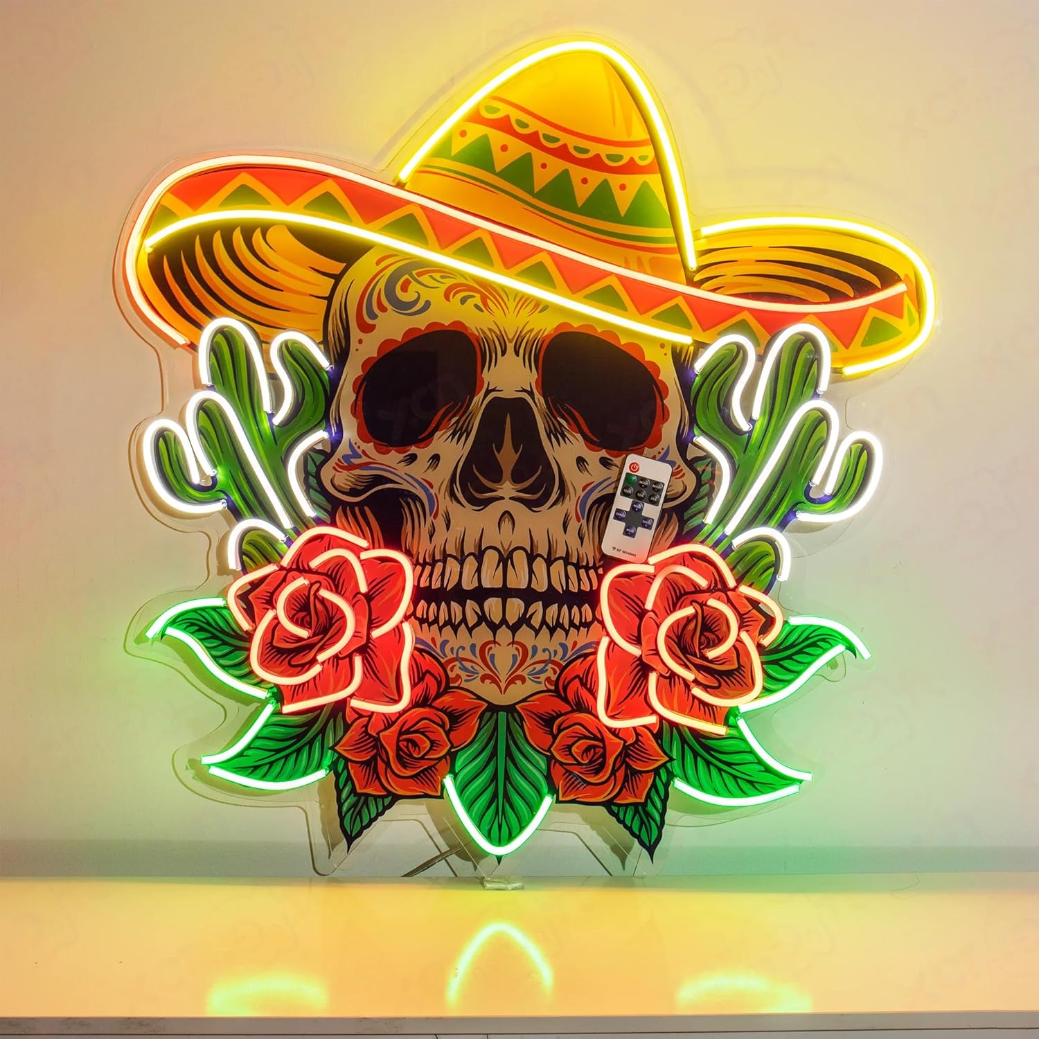 Skull Mexican Hat Cactus Neon Sign UV Printed Acrylic Neon Sign Skull Flower Wall Art Decor Gifts for Him (Color 2, 38x38cm)