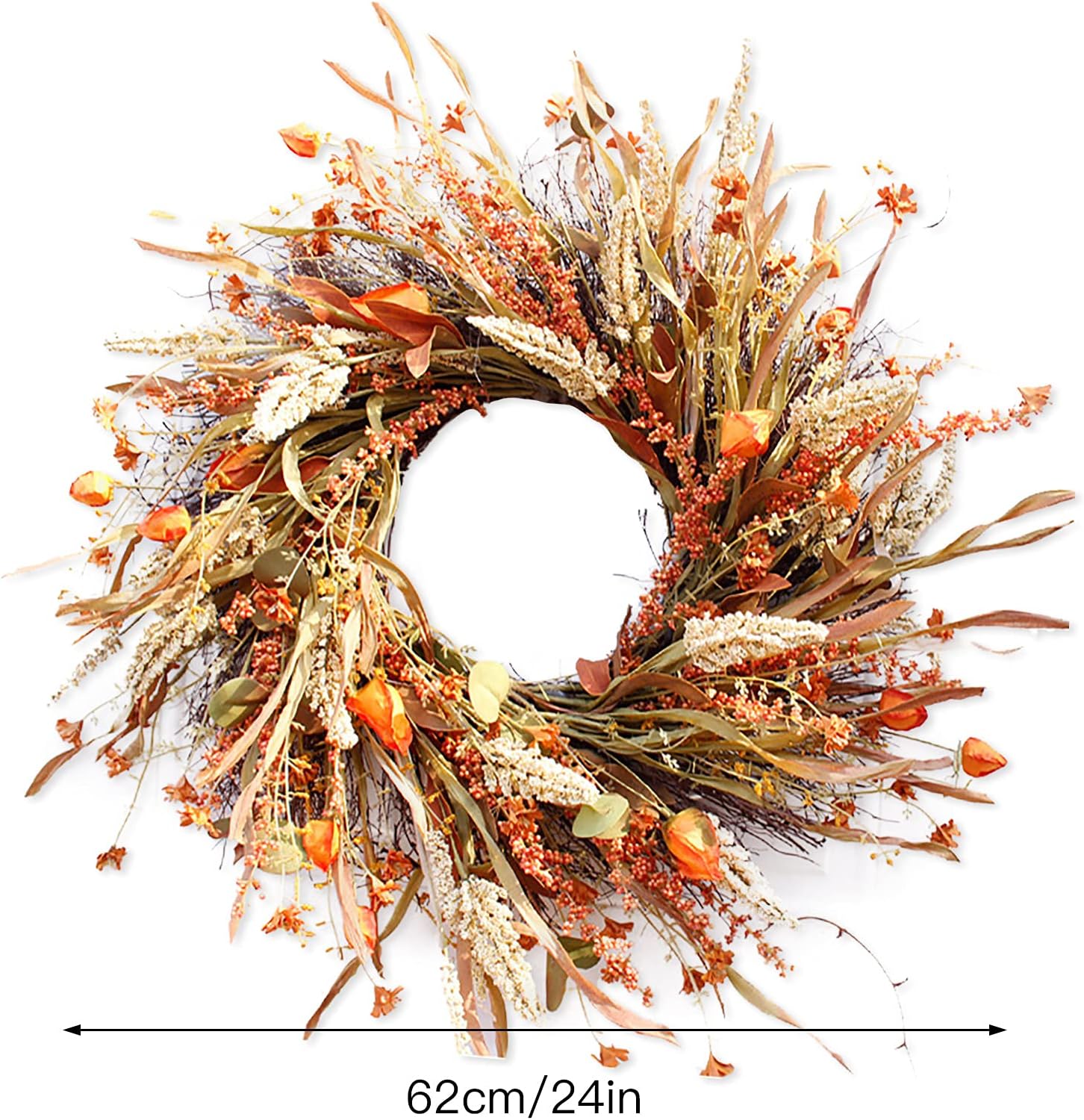 Goosacyon 24 Inch Fall Wreath Front Door Wreath, Grain Wreath Faux Wheat Garland Decor Harvest Wreath Fall Door Reefs Decorations for Thanksgiving Wall Wedding Orange