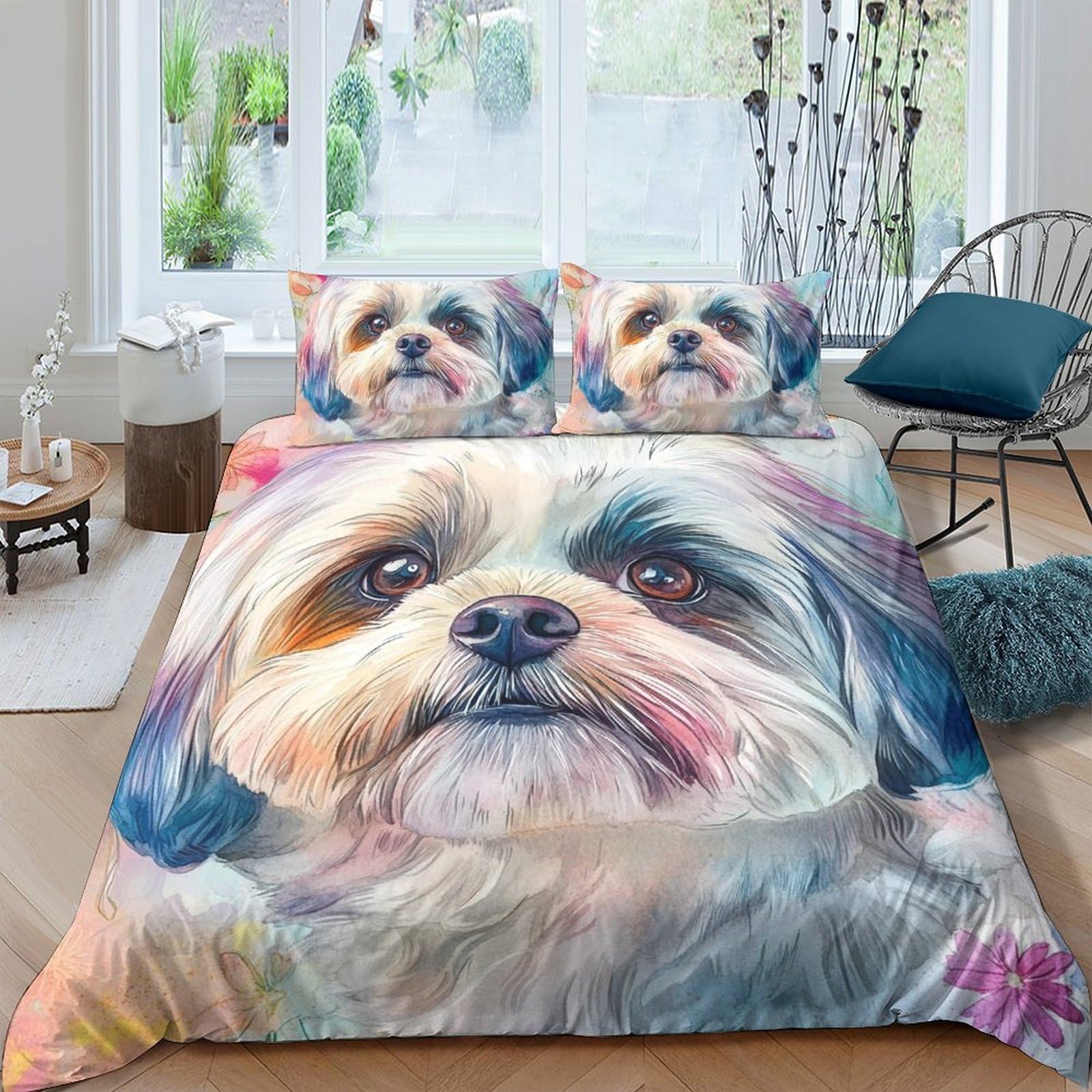 Ctjqhvkz Style-2 3D Printed Shih Tzu Dog Fitted Sheet Microfiber Soft Bedroom Decor Watercolor Pet Mattress Cover Dorm Easy Care Single（135X200cm）
