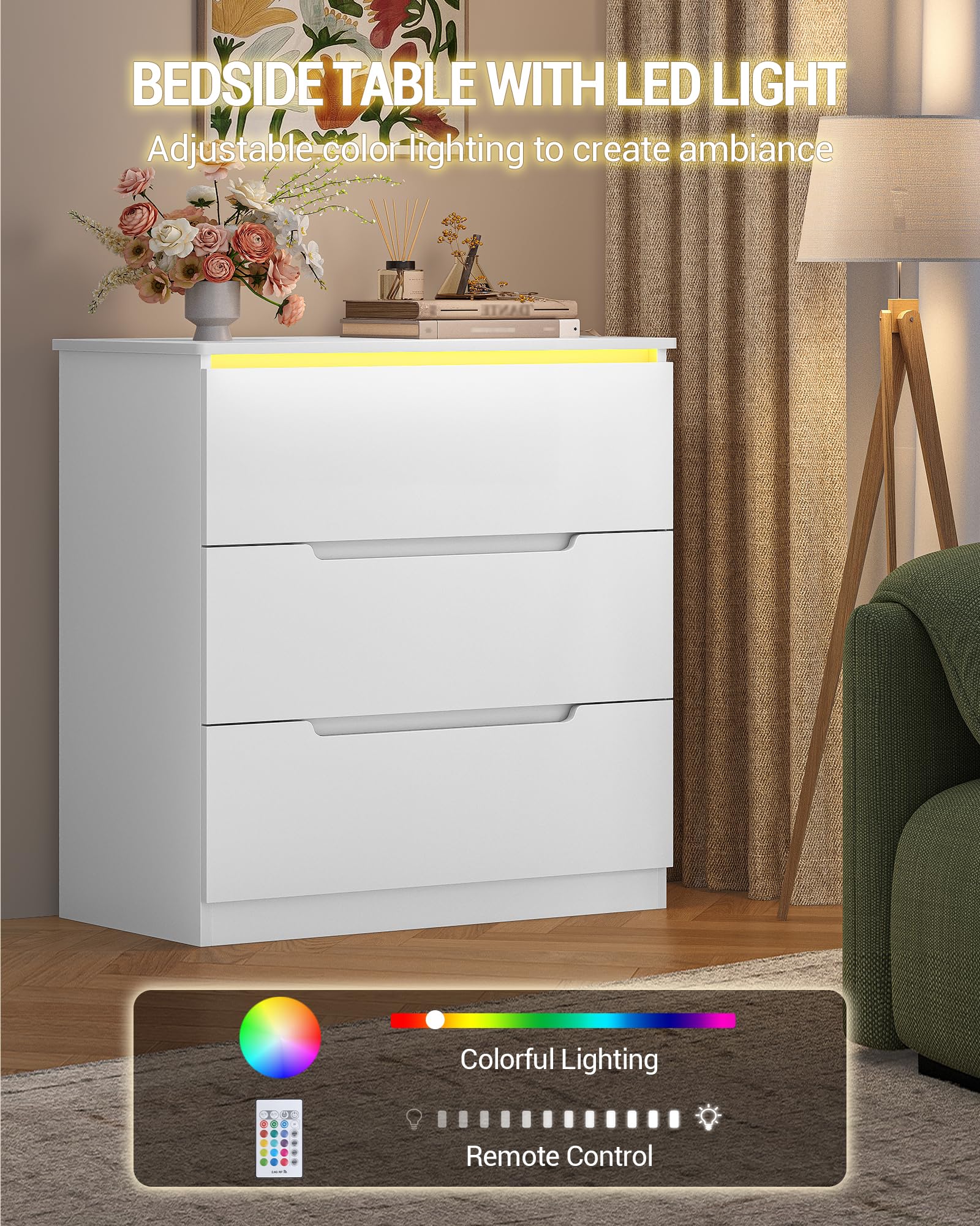 Hzuaneri Kommode, Mit LED-Beleuchtung, Kommode mit 3 Schubladen, Spind mit Beleuchtung, Moderner Stil, Geeignet für Wohnzimmer und Schlafzimmer, 40 x 70 x 80 cm, Weiß DC01303XEU