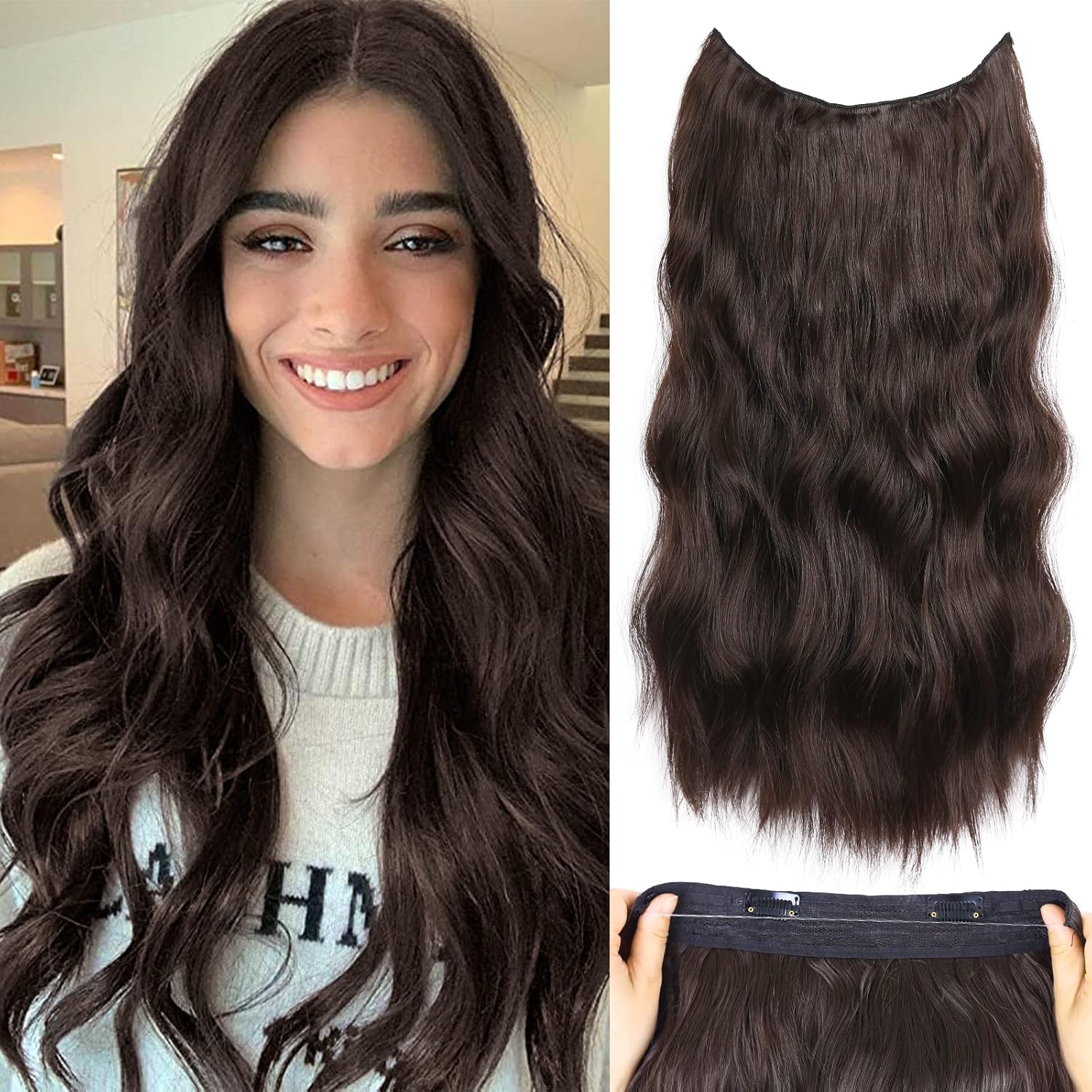 Wire Hair Extensions with 4 Removable Clips 20 Inch Wavy Curly Brown
