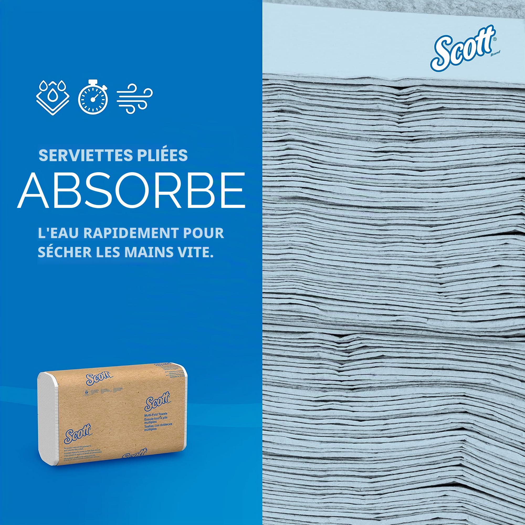Scott Essential Essuie-mains 3749, Essuie-mains en papier pliés en V, Blanc, Haute Absorption, Doux, Résistants, Écoresponsables, 16 Clips x 250 Feuilles (4000 Feuilles au Total)