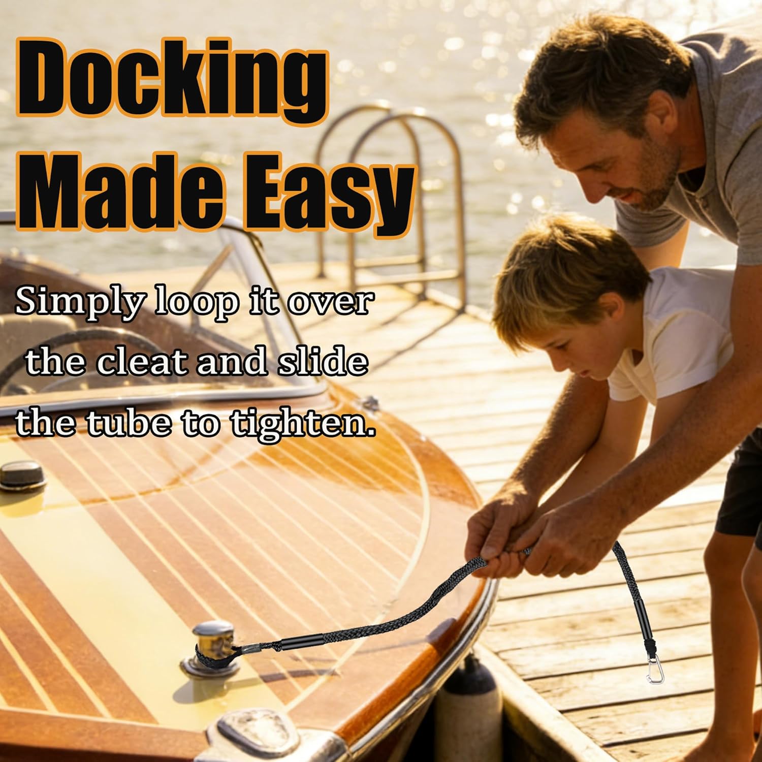 Boat Dock Lines - 4 Feet Shock Absorber Mooring Ropes with 316 Stainless Steel Clip,Boating Docking Ties,Boat Accessories for SeaDoo/Waverunner, Kayak, Pontoon(2-Pack) (Black with Clip)