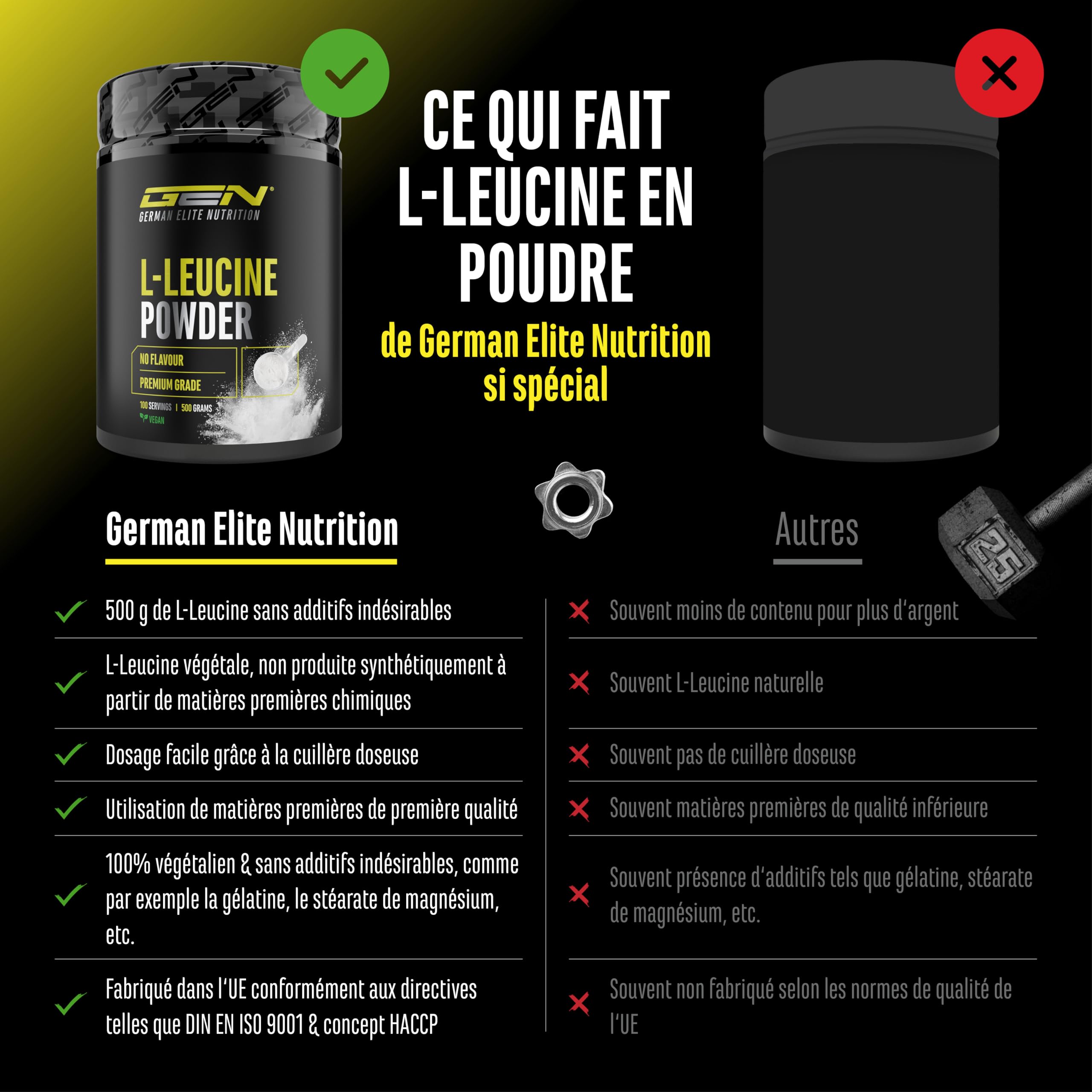 Leucine - 500 g de poudre - Haute pureté - Matière première de première qualité : L-leucine naturelle fermentée - Acide aminé - Sans additifs indésirables, végétalien