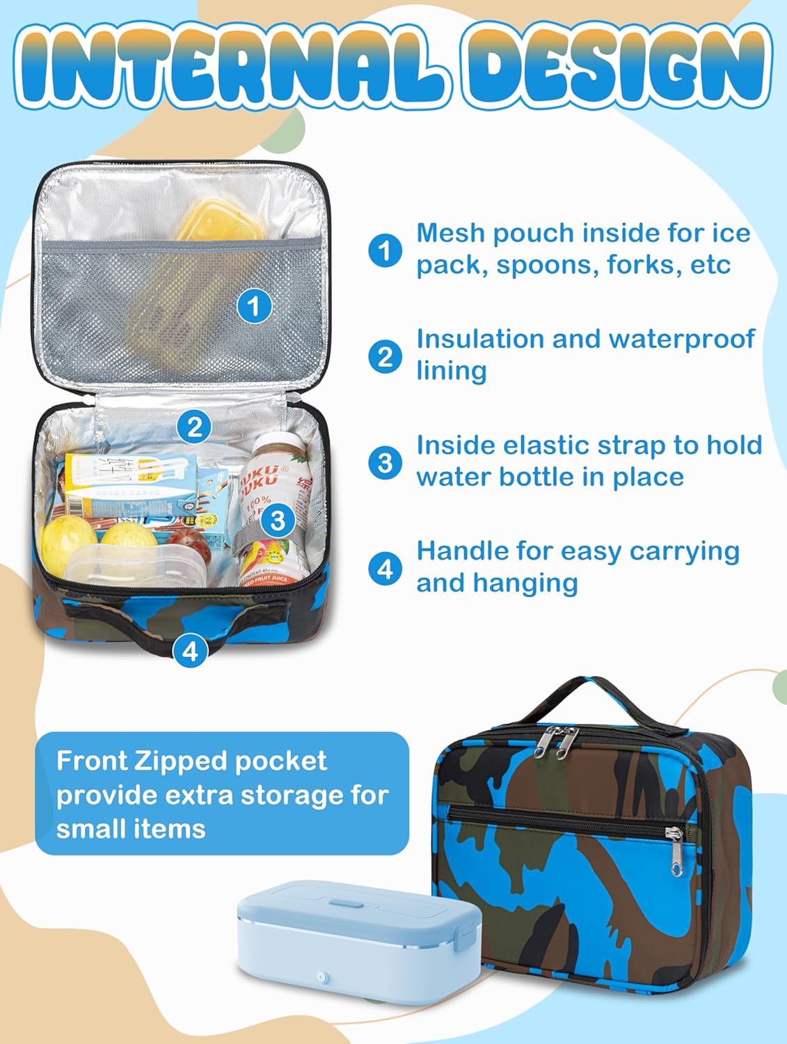 BLUEFAIRY Kids Backpack with Lunch Box for Girls Boys Elementary Primary Middle School Bag with Lunch Bag Set 17 Inch Bookbag Mochilas Escolares para Niñas Niños (Camo, Sky Blue) - Image 5