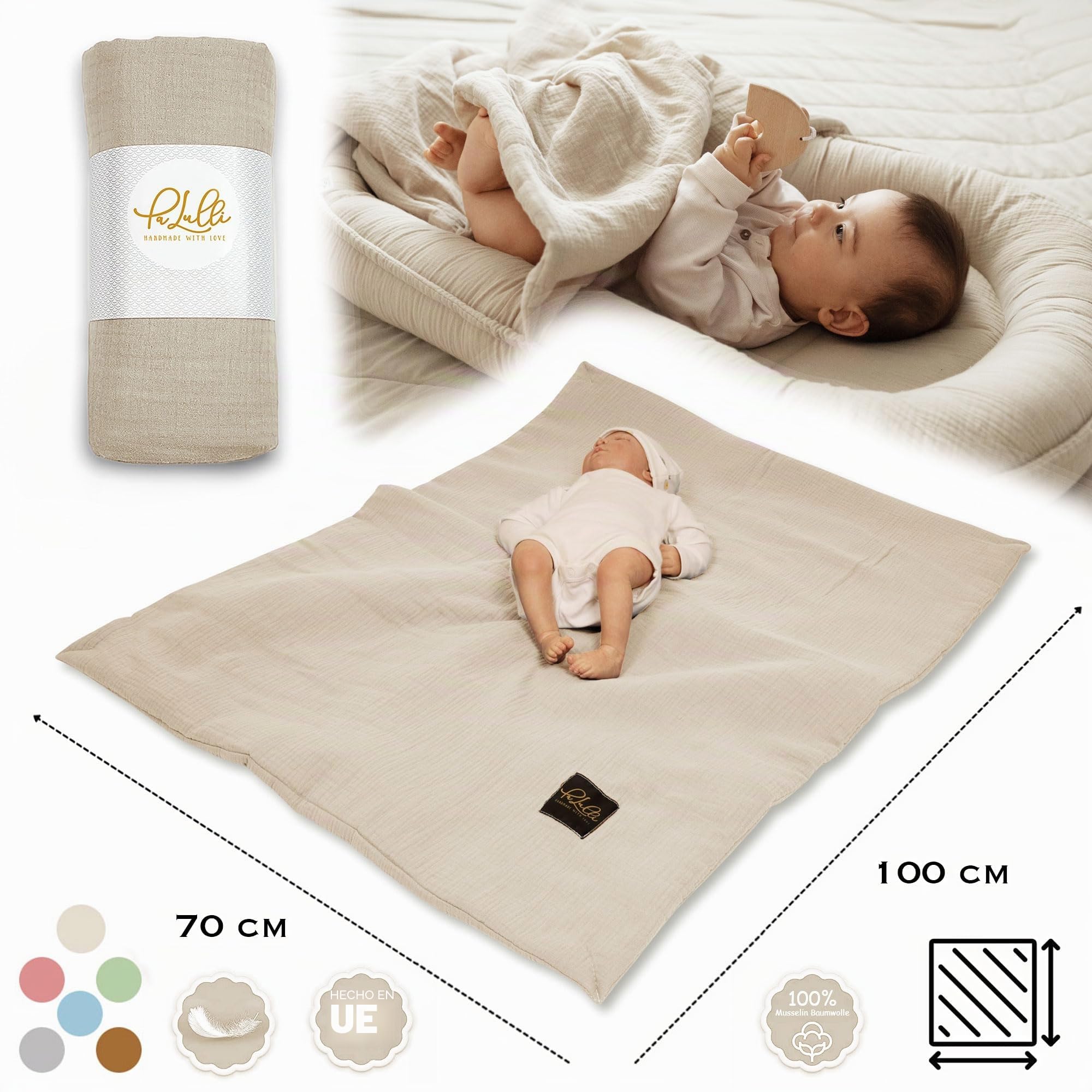 PaLulli® Nido para bebé 2 en 1 con Manta de 100% Muselina de algodón prémium, 100 x 60 cm, Solapa con Cierre de Velcro, Cambiador para bebés y bebés (Beige)