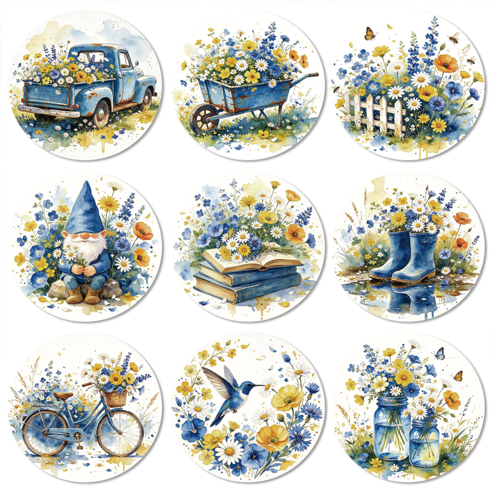 ANATTASOUL Wildflowers Farm Wood Coasters Set of 9 for Coffee Table