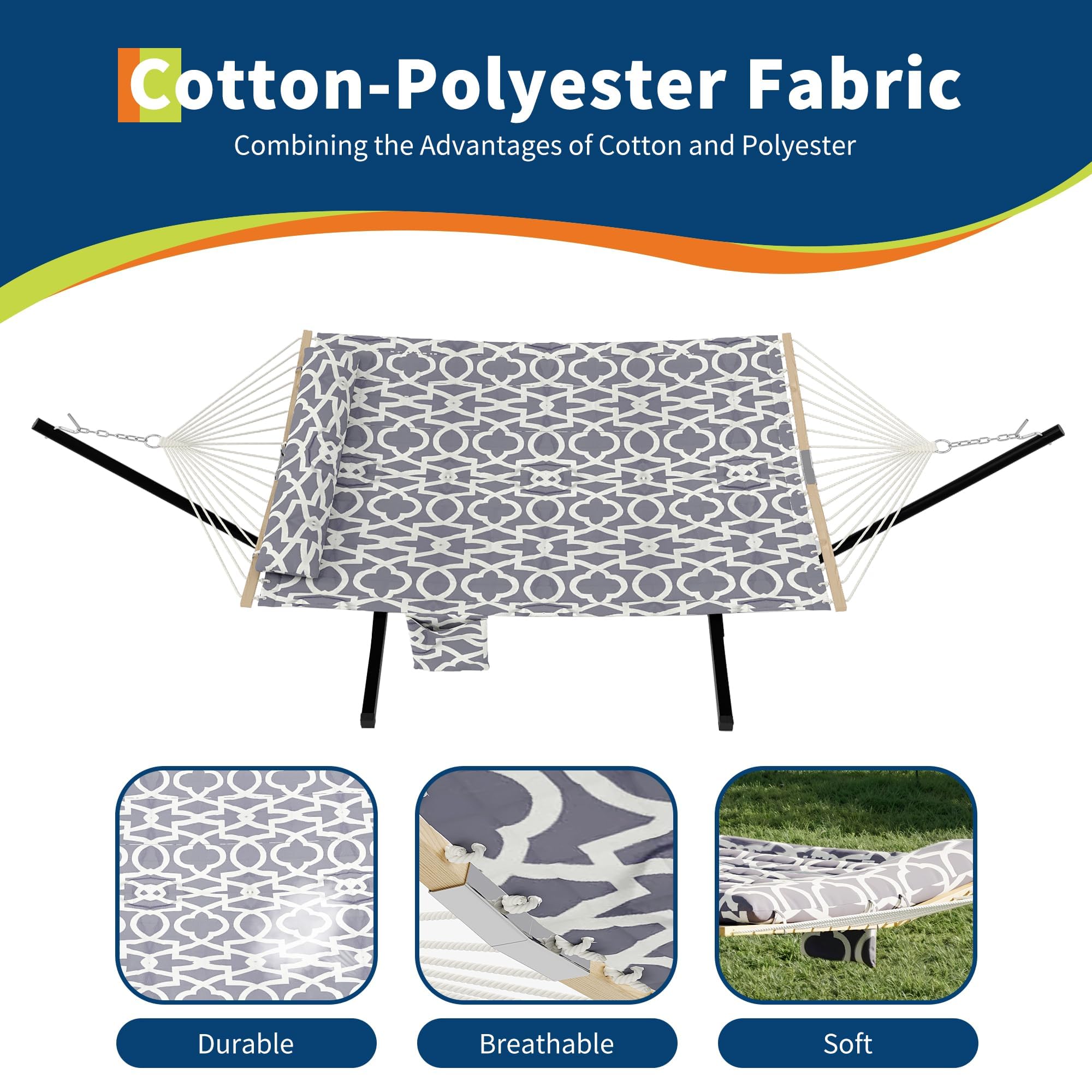 Doppel-Hängematte mit Gestell – Belastbar bis 204 kg – XXL Hängematte für 2 Personen – Wetterfestes Stahlgestell inkl. Kissen & Tragetasche – Ideal für Garten, Terrasse & Camping – Hellgrau