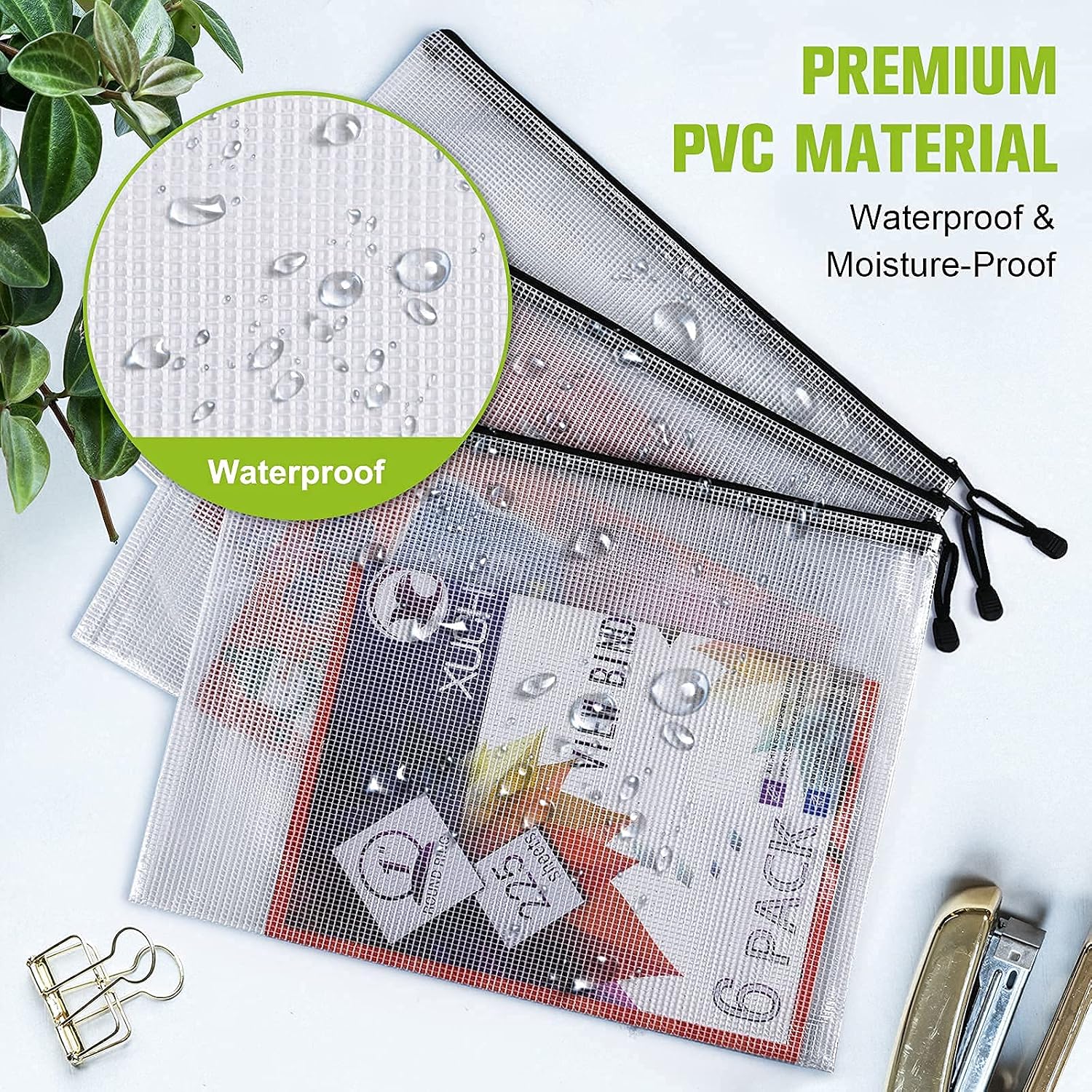 Mesh Zipper Pouch, 6PCS Waterproof Plastic Mesh ZipperBag, B4 Size Tear-Resistant Document Pouch, Extra Large Zip File Bags, for School Office Supplies Home Travel Storage(15.35×11.22 Inch)