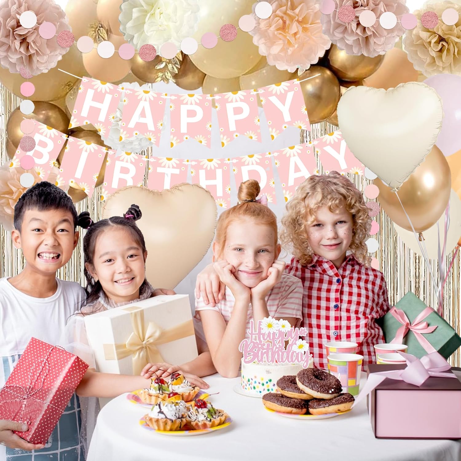 Blush Beige Birthday Decoration for Women Girls with Daisy Flower Happy Banner, Boho Dusty Pink Paper Pom Poms, White Sand Pink Gold Balloons Set And Fringe Curtain, Fall Birthday Theme Party Décor - Image 6