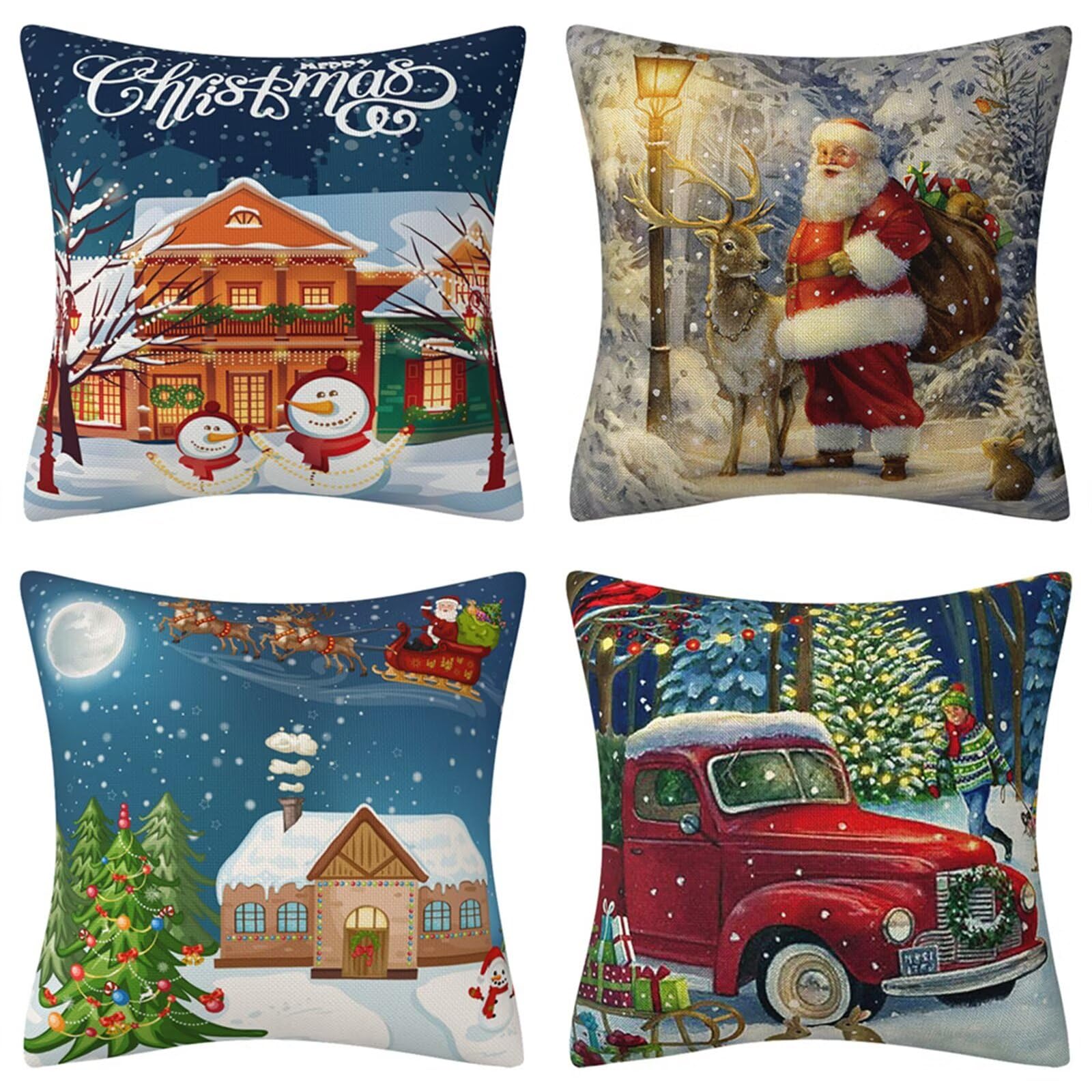 Natale Fodere per Cuscini 60x60cm 4 Pezzi Casa di Natale Cuscini Caso Federa, Copricuscini Natalizi, Invernale Natalizie Divano Decorativi di Natale per Divano Soggiorno Auto Natalizie Decor