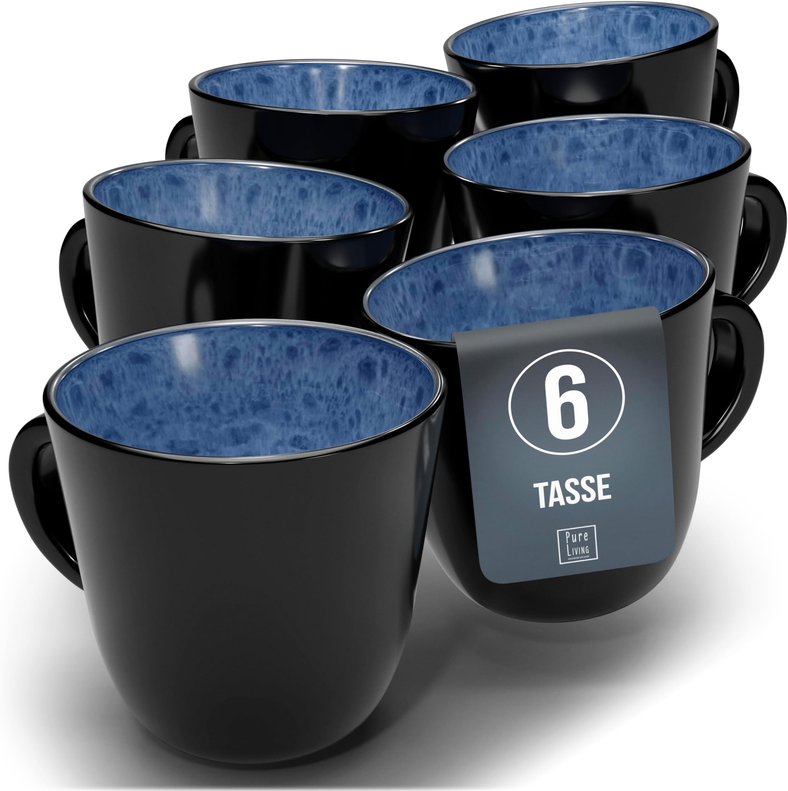 PURE LIVING INTERIOR DESIGN Stoneware Coffee Cups for 6 People Ibiza Mediterranean Test Very Good Mug Set, Dishwasher, Microwave and Scratch Resistant - Stylish Tea and Coffee Mug Set - in Deep Blue